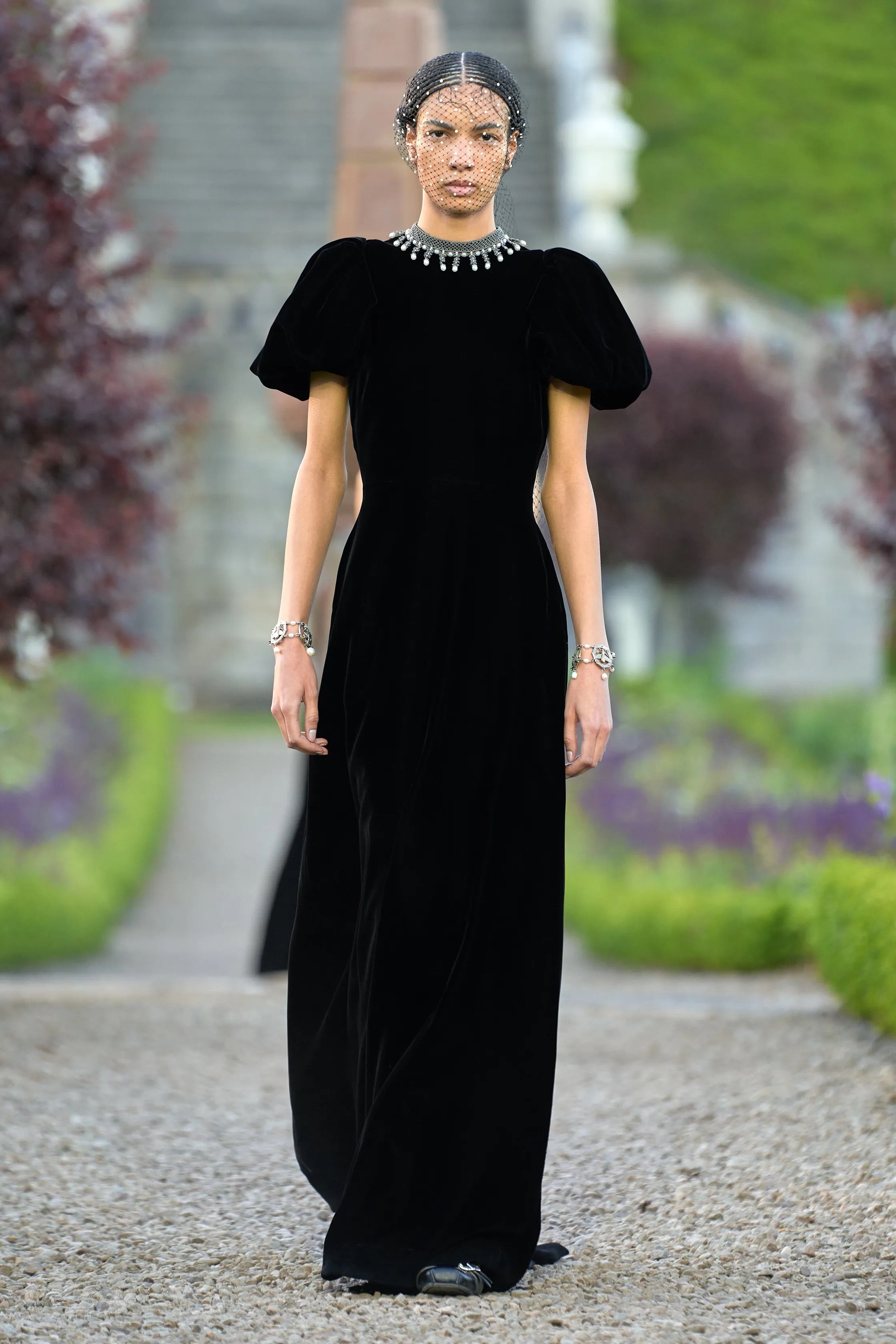 Christian Dior Cruise 2025 Scotland Embellished-Collar Velvet Gown