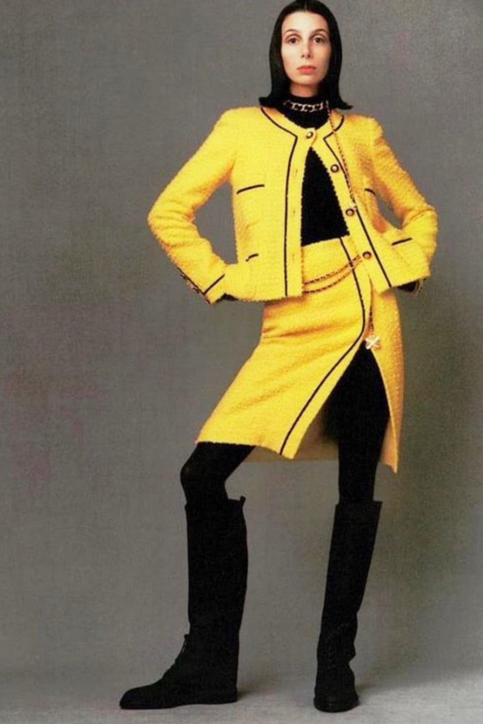 Chanel Vintage F/W 1993 Yellow Black Velvet CC 93A Tweed Jacket Skirt Suit