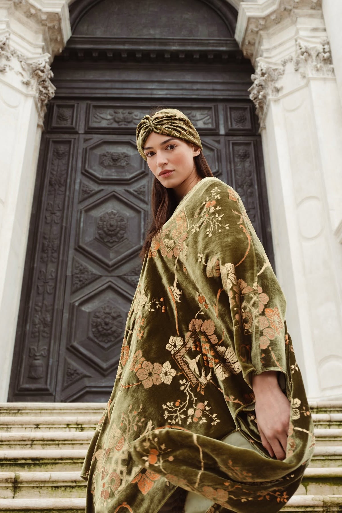 Fortuny Daphne Velvet Kimono Olive Green Coat