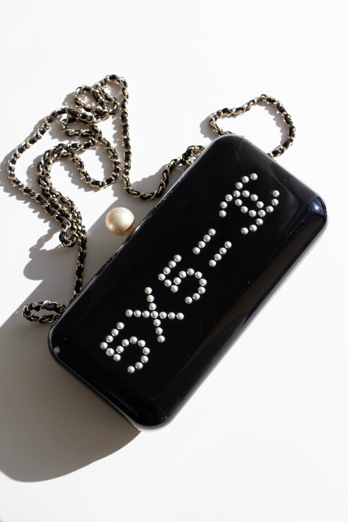 Chanel S/S 2015 Votez Coco Black Plexiglass Pearl Minaudière Clutch Bag