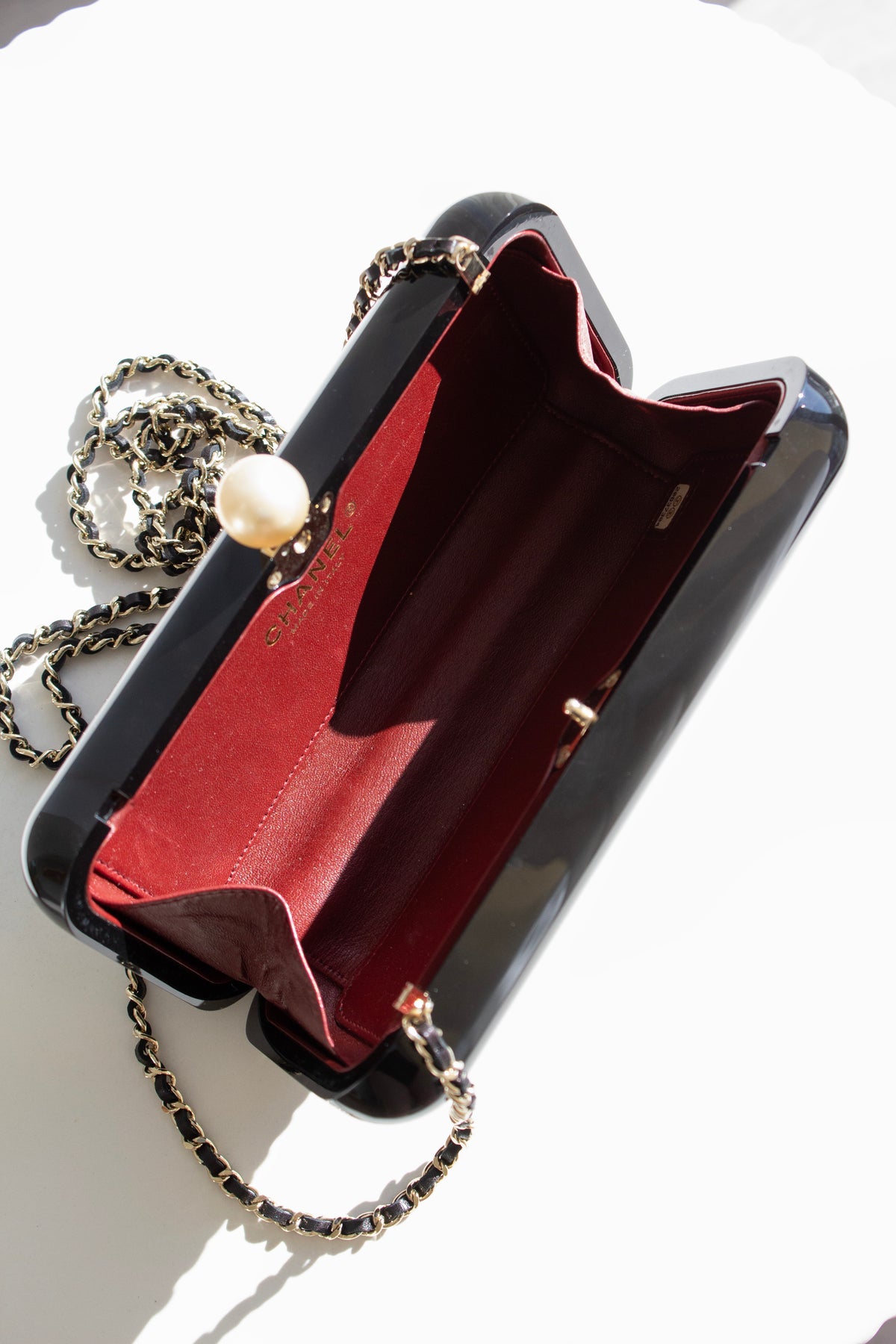 Chanel S/S 2015 Votez Coco Black Plexiglass Pearl Minaudière Clutch Bag
