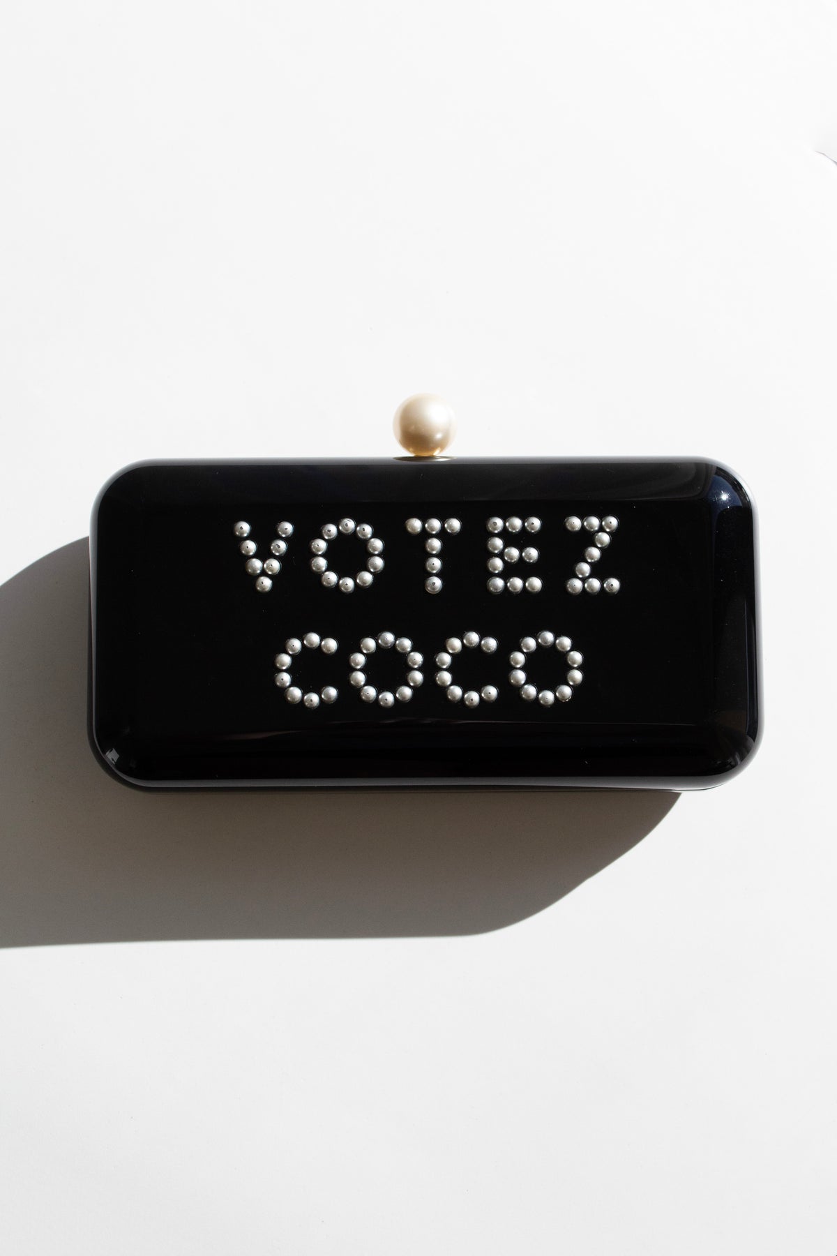 Chanel S/S 2015 Votez Coco Black Plexiglass Pearl Minaudière Clutch Bag