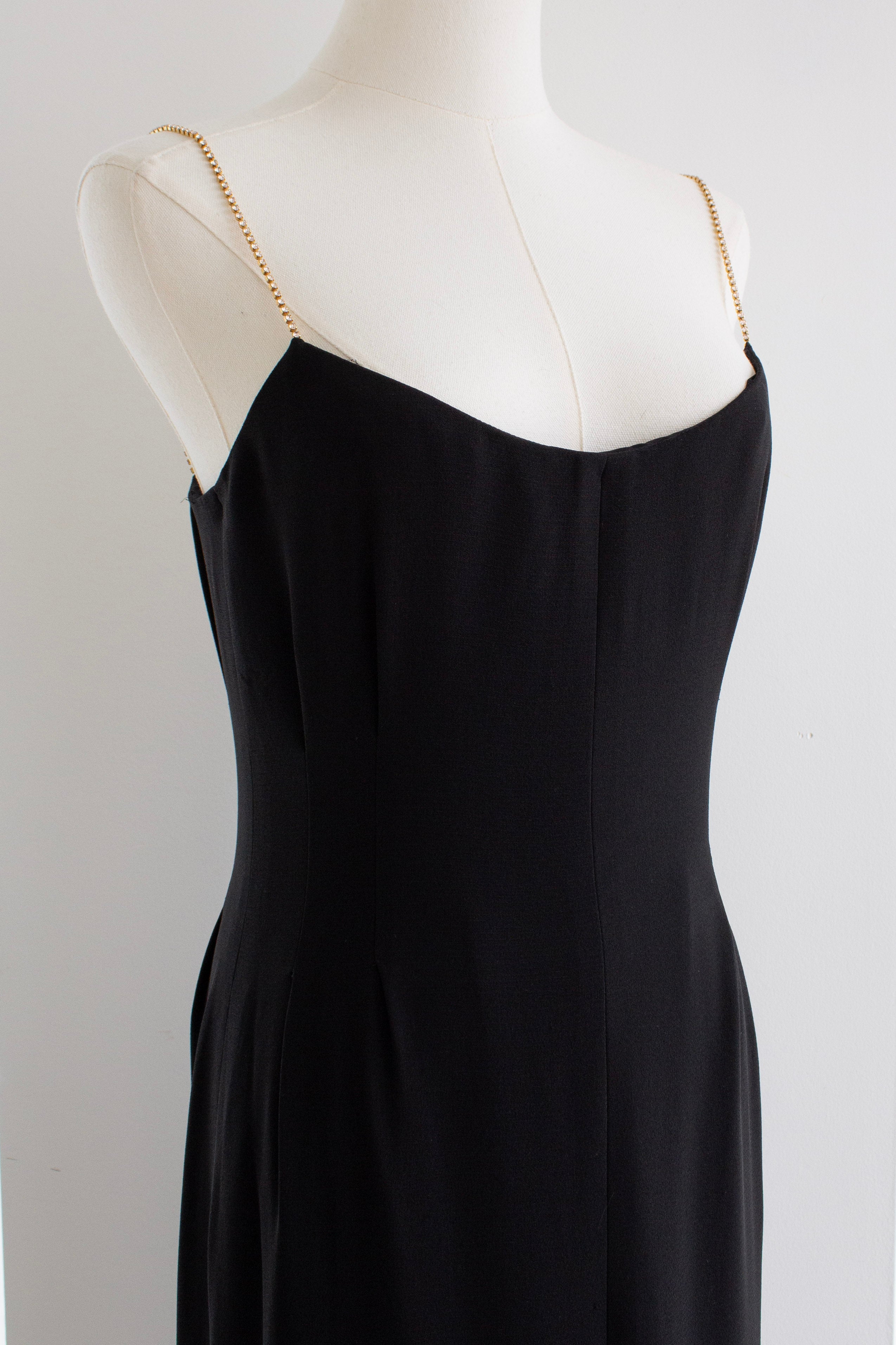 Chanel Cruise 2015 Black Gold Crystal Strap 15C Midi LBD Dress
