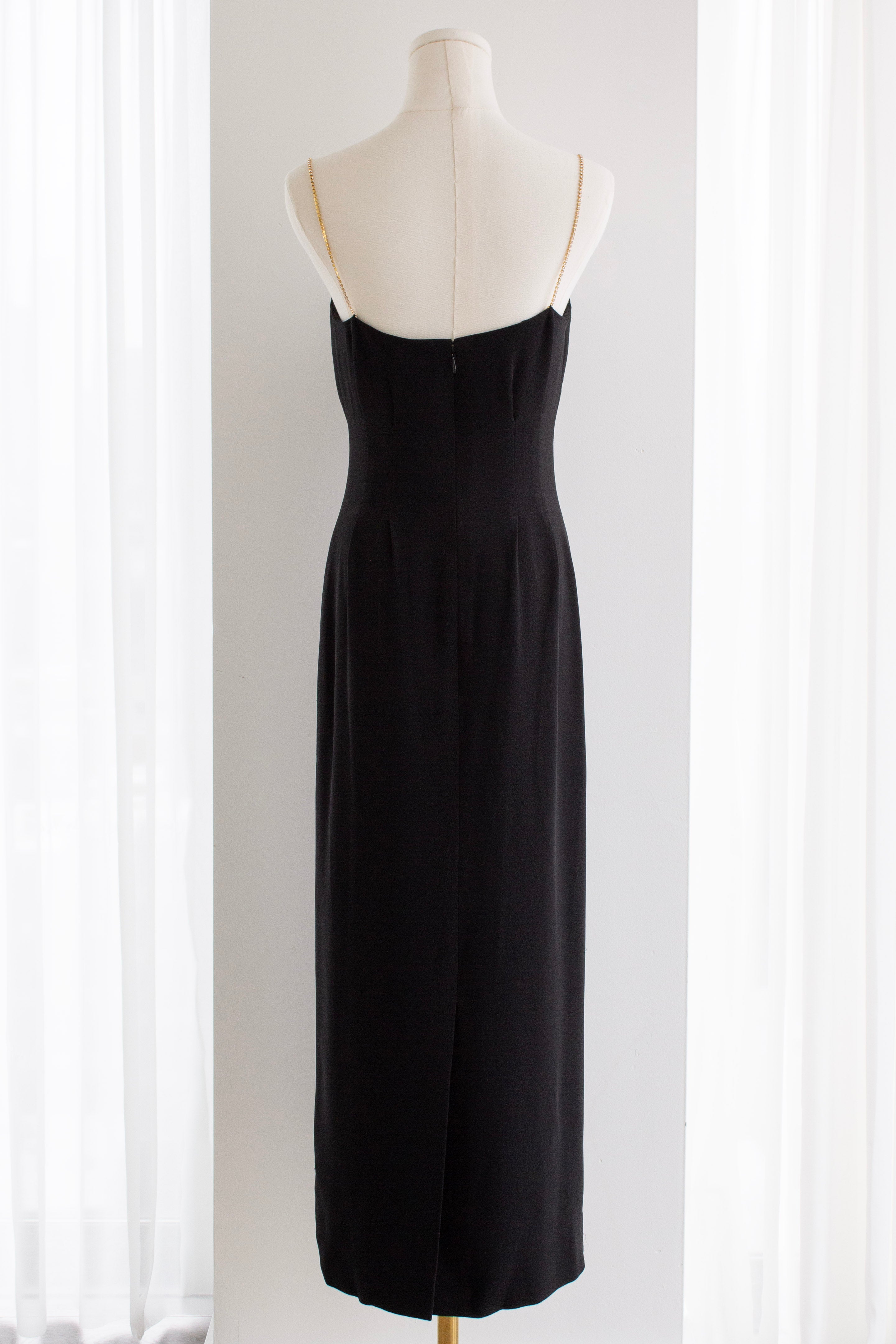 Chanel Cruise 2015 Black Gold Crystal Strap 15C Midi LBD Dress