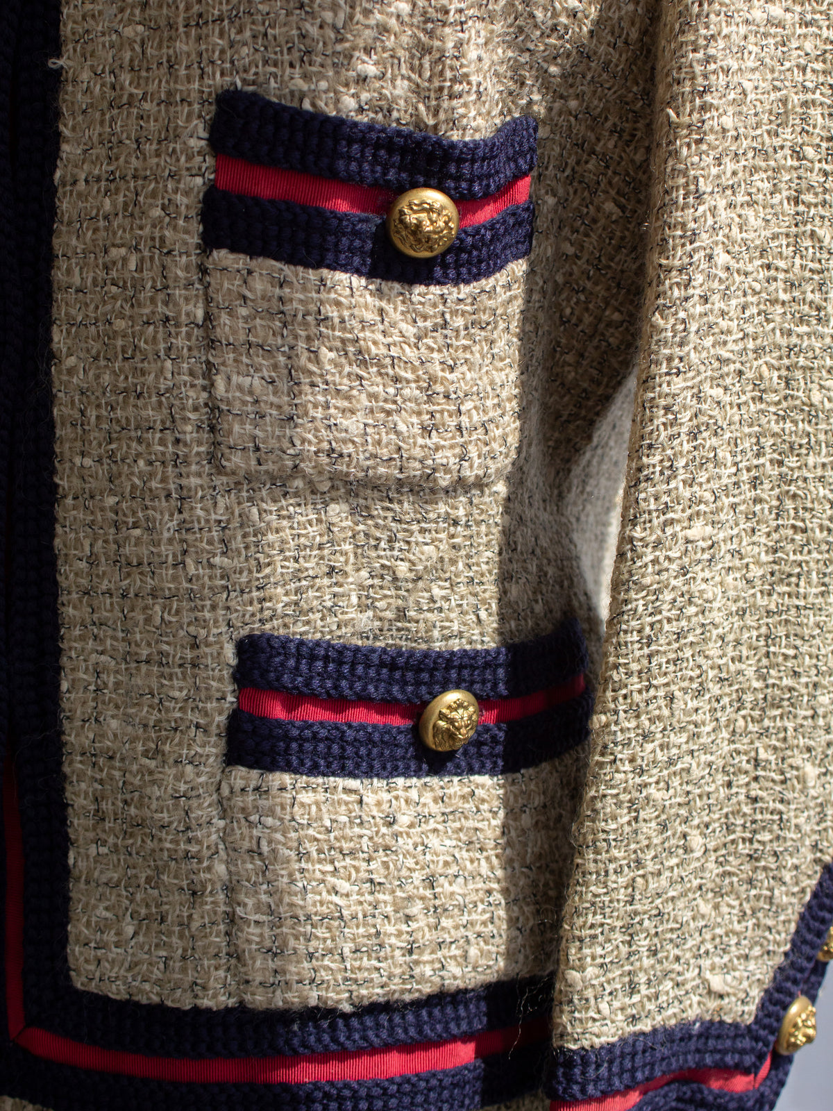 Chanel Haute Couture 1961 Coco Beige Red Blue Tweed Jacket Skirt Suit