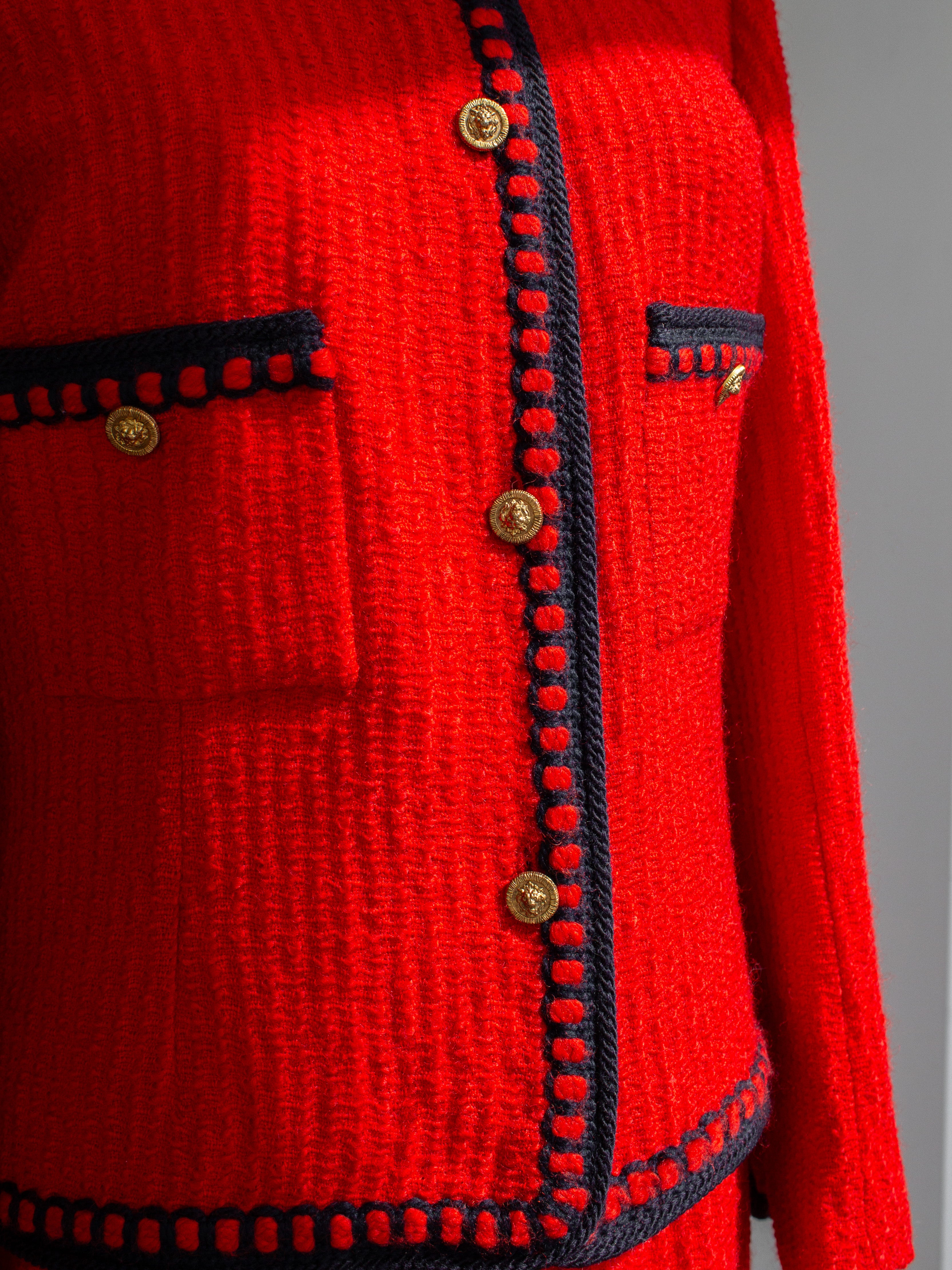 Chanel Vintage 1981 Parisian Red Gold Lion Tweed Jacket Skirt Suit