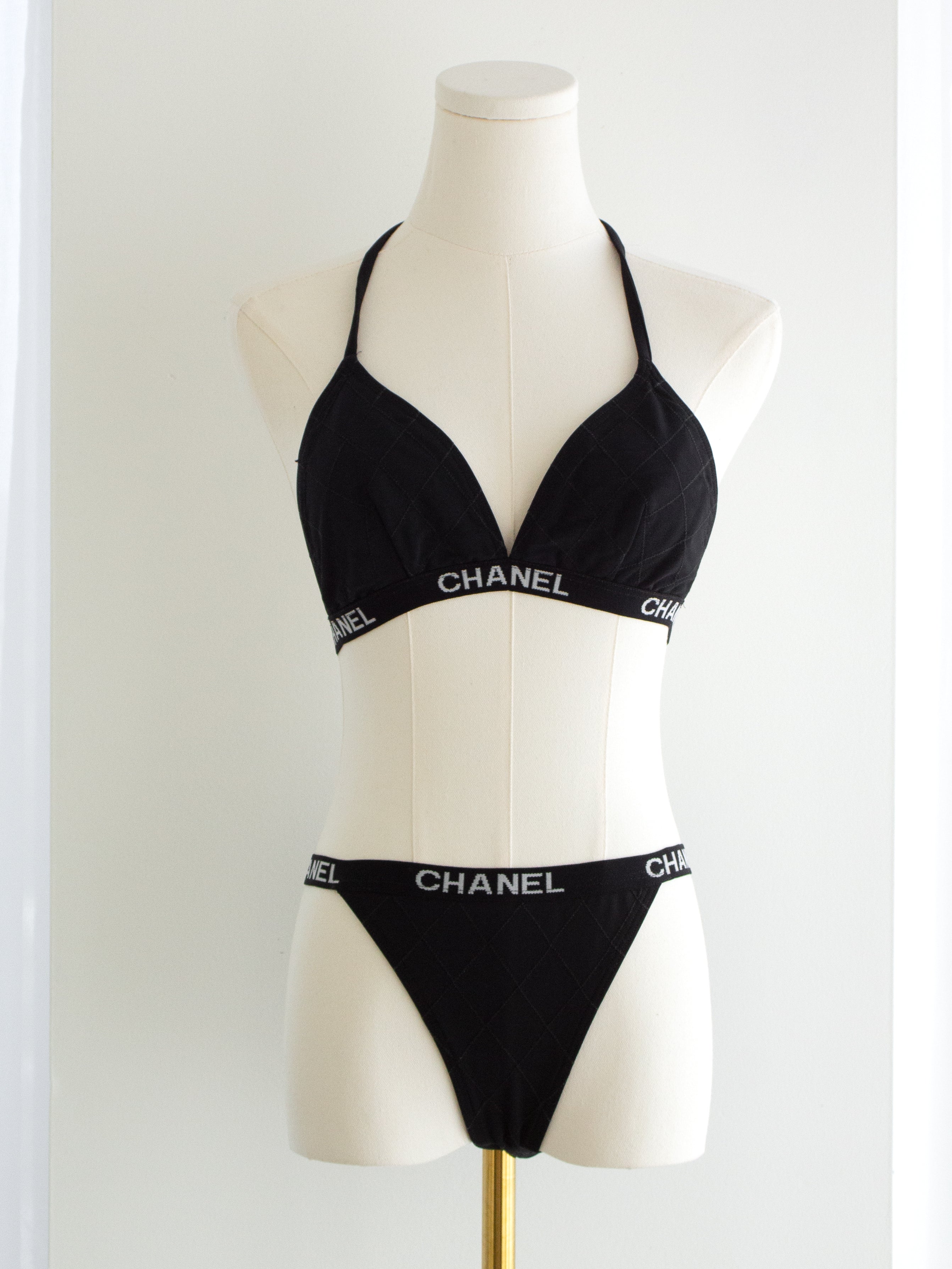 Chanel Vintage Cruise 1994 Quilted Black White Logo 94C Bikini Swimsuit
