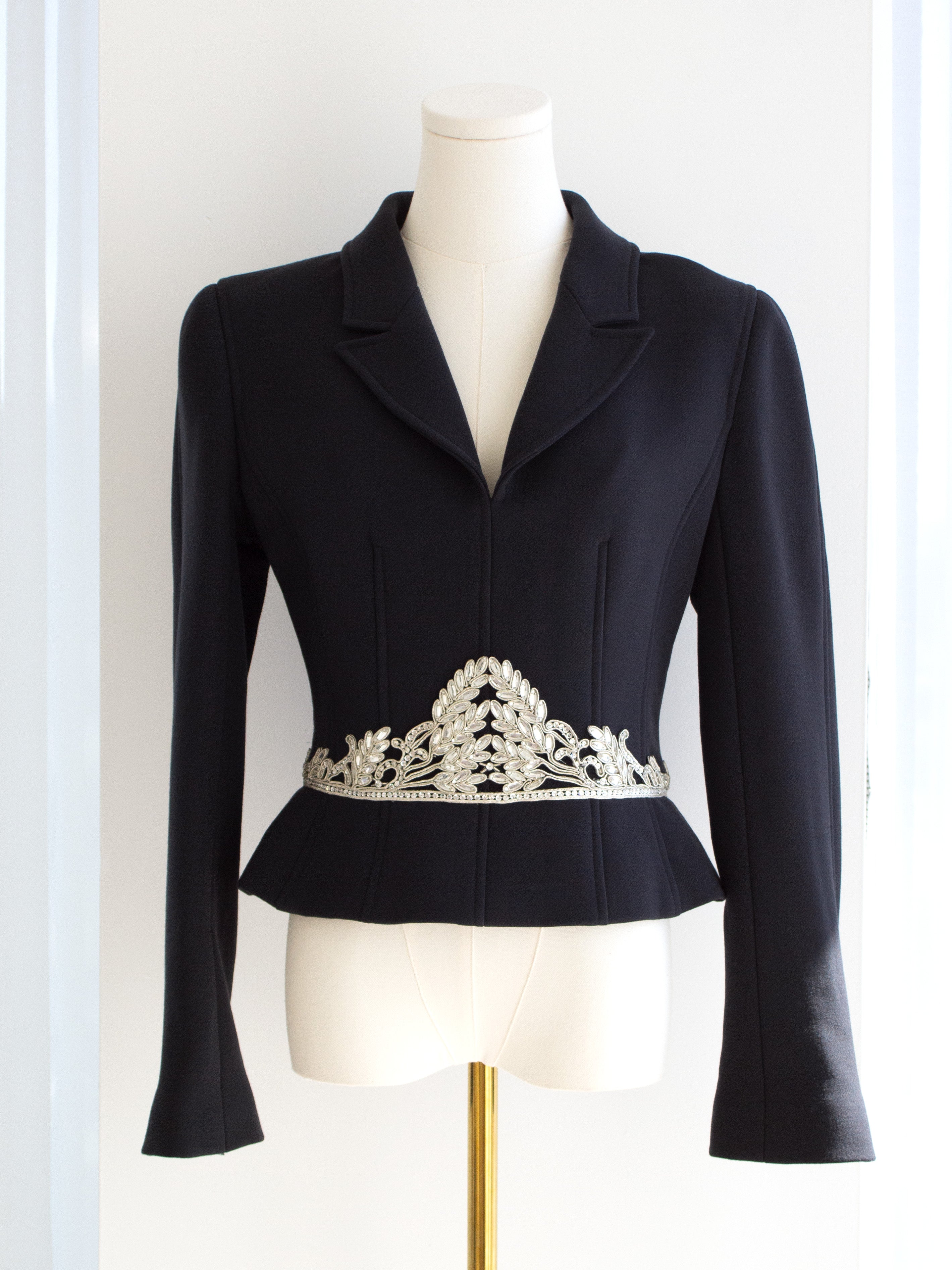 Chanel Vintage Fall 2002 Navy Blue Embellished Silver Crystal 02A Top Jacket
