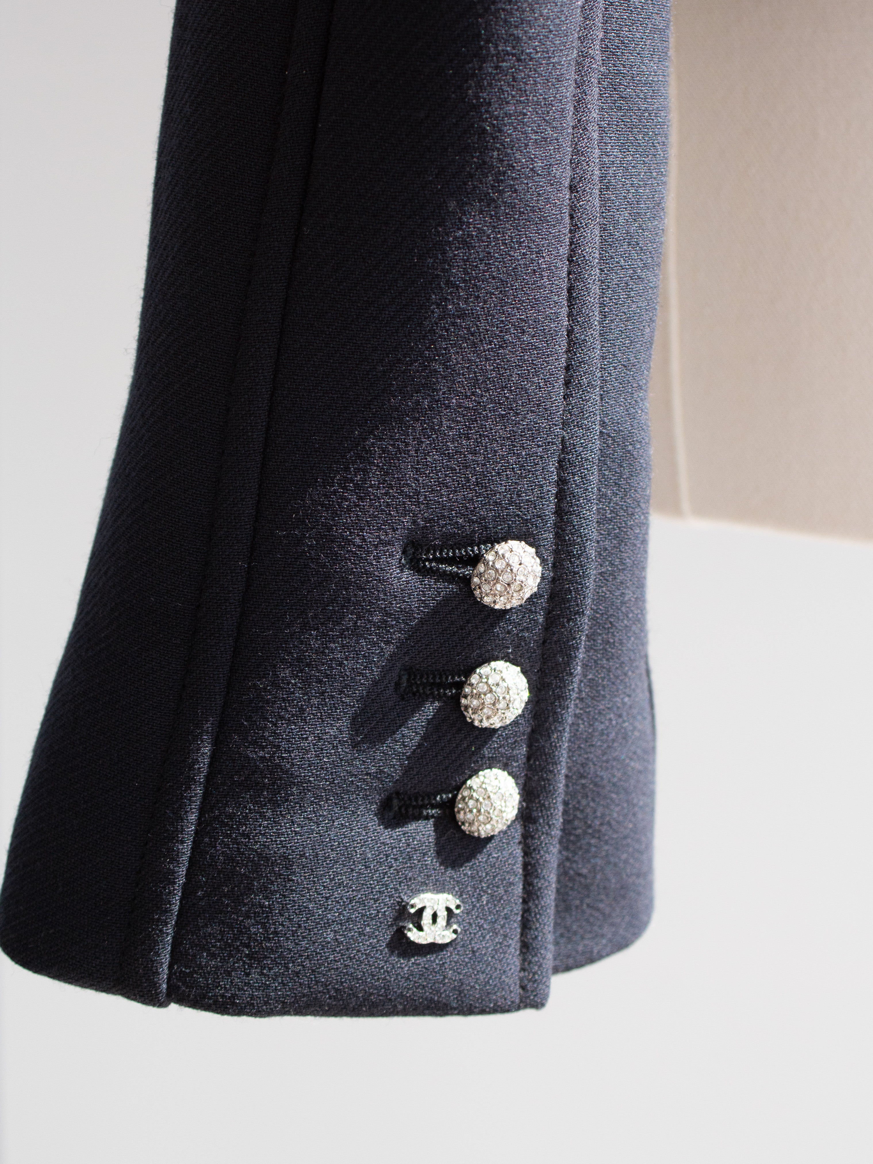 Chanel Vintage Fall 2002 Navy Blue Embellished Silver Crystal 02A Top Jacket