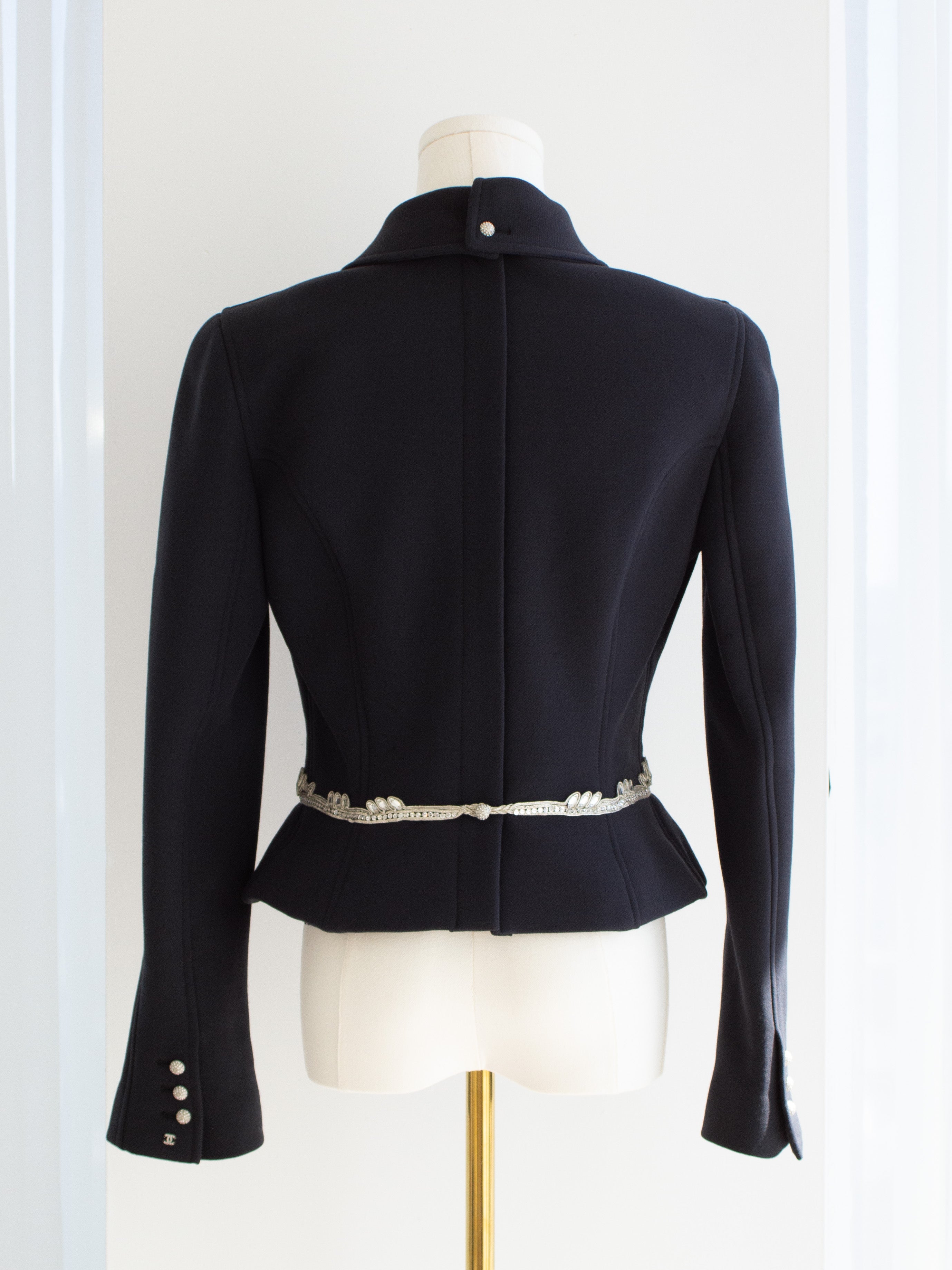 Chanel Vintage Fall 2002 Navy Blue Embellished Silver Crystal 02A Top Jacket