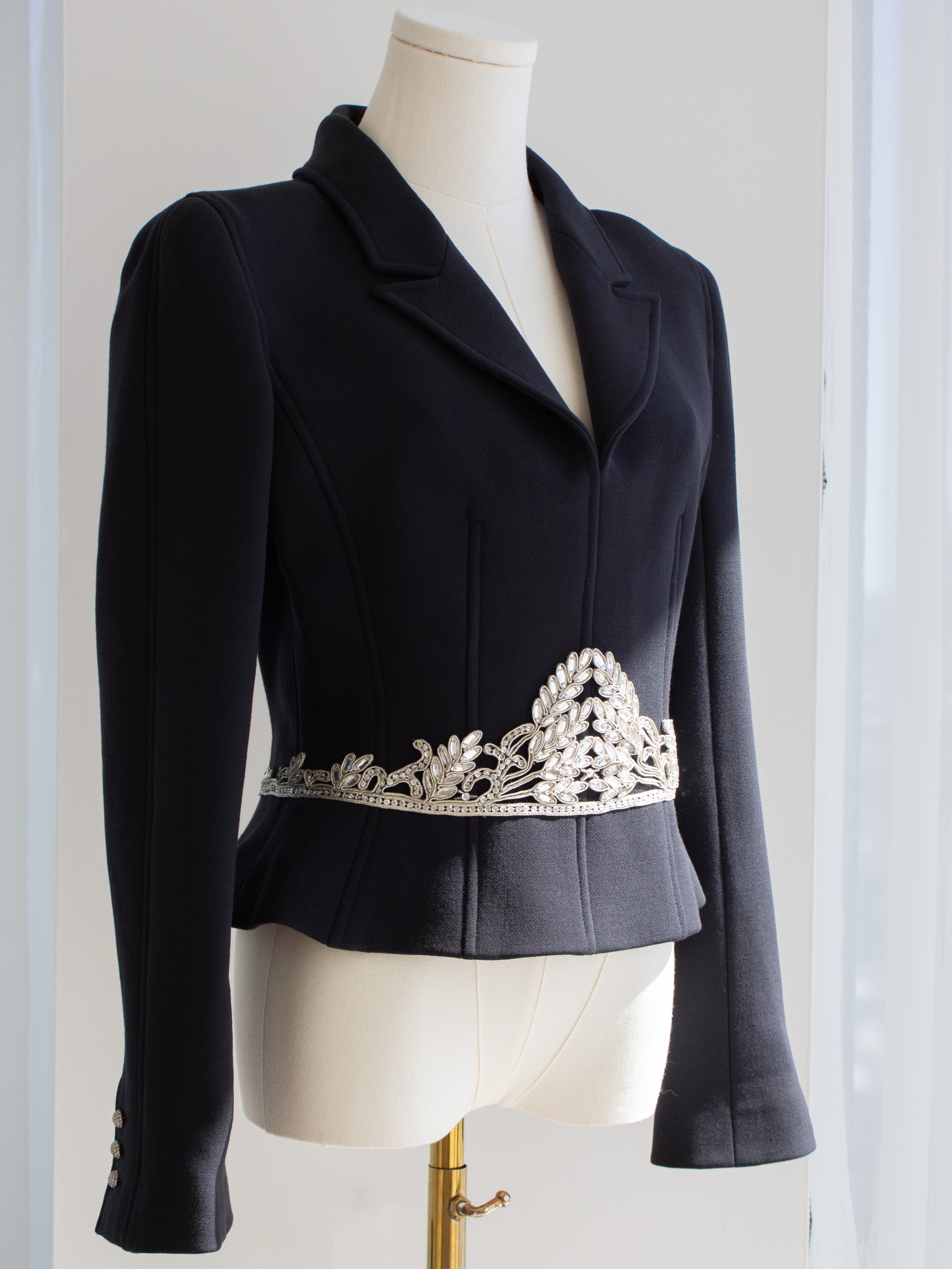 Chanel Vintage Fall 2002 Navy Blue Embellished Silver Crystal 02A Top Jacket