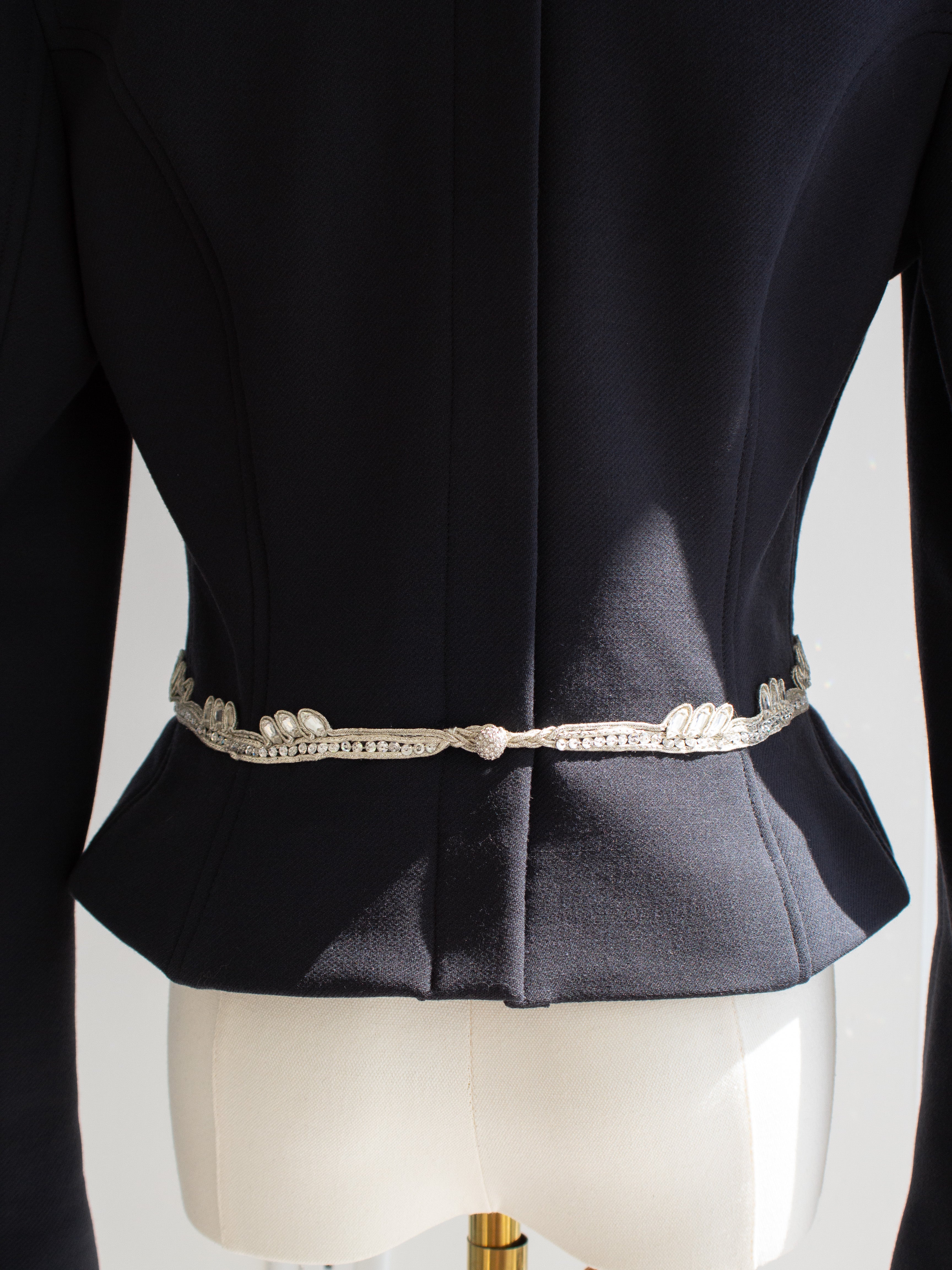 Chanel Vintage Fall 2002 Navy Blue Embellished Silver Crystal 02A Top Jacket