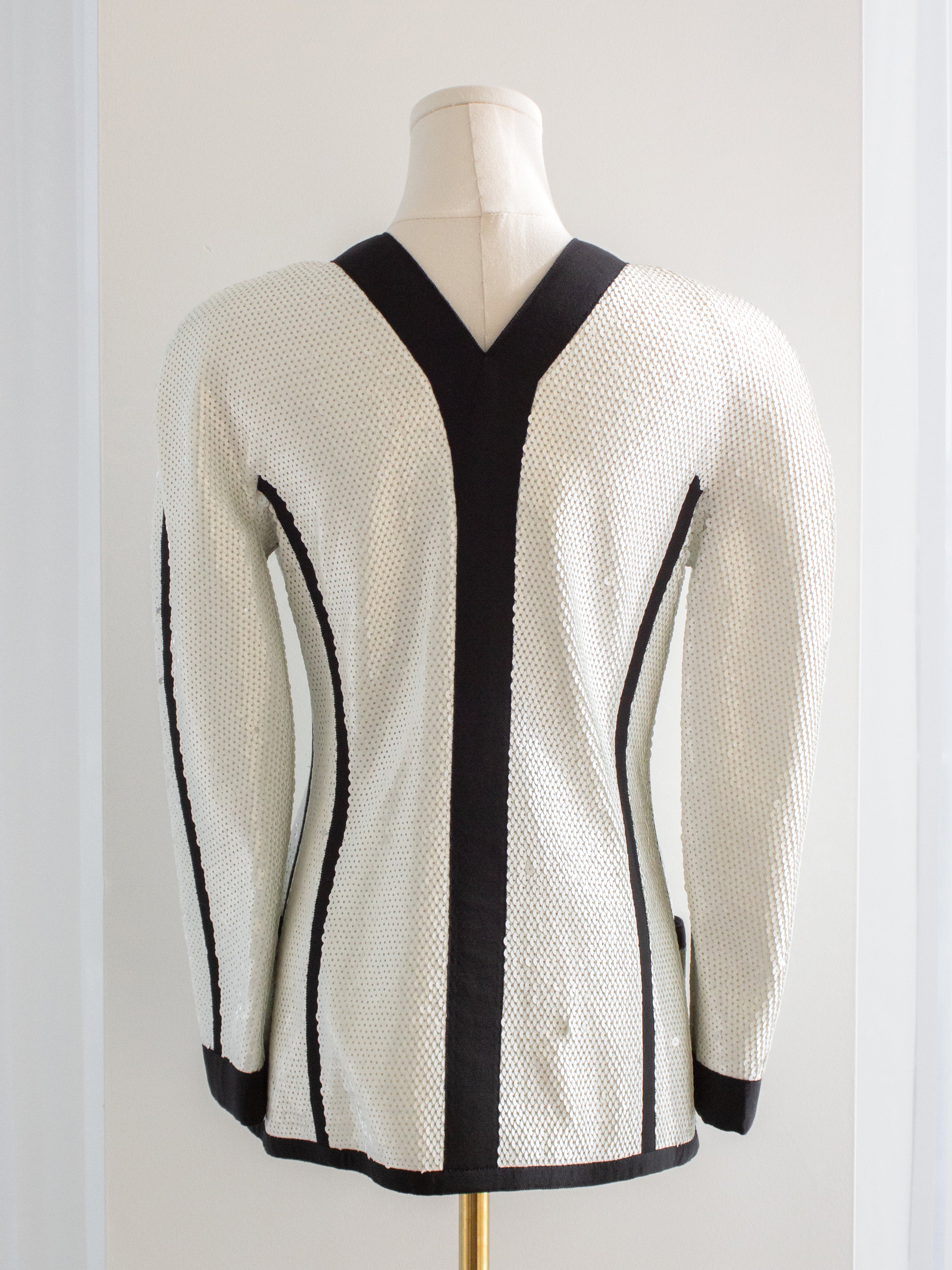 Chanel Vintage S/S 1991 Collector White Black Sequin CC Scuba Jacket
