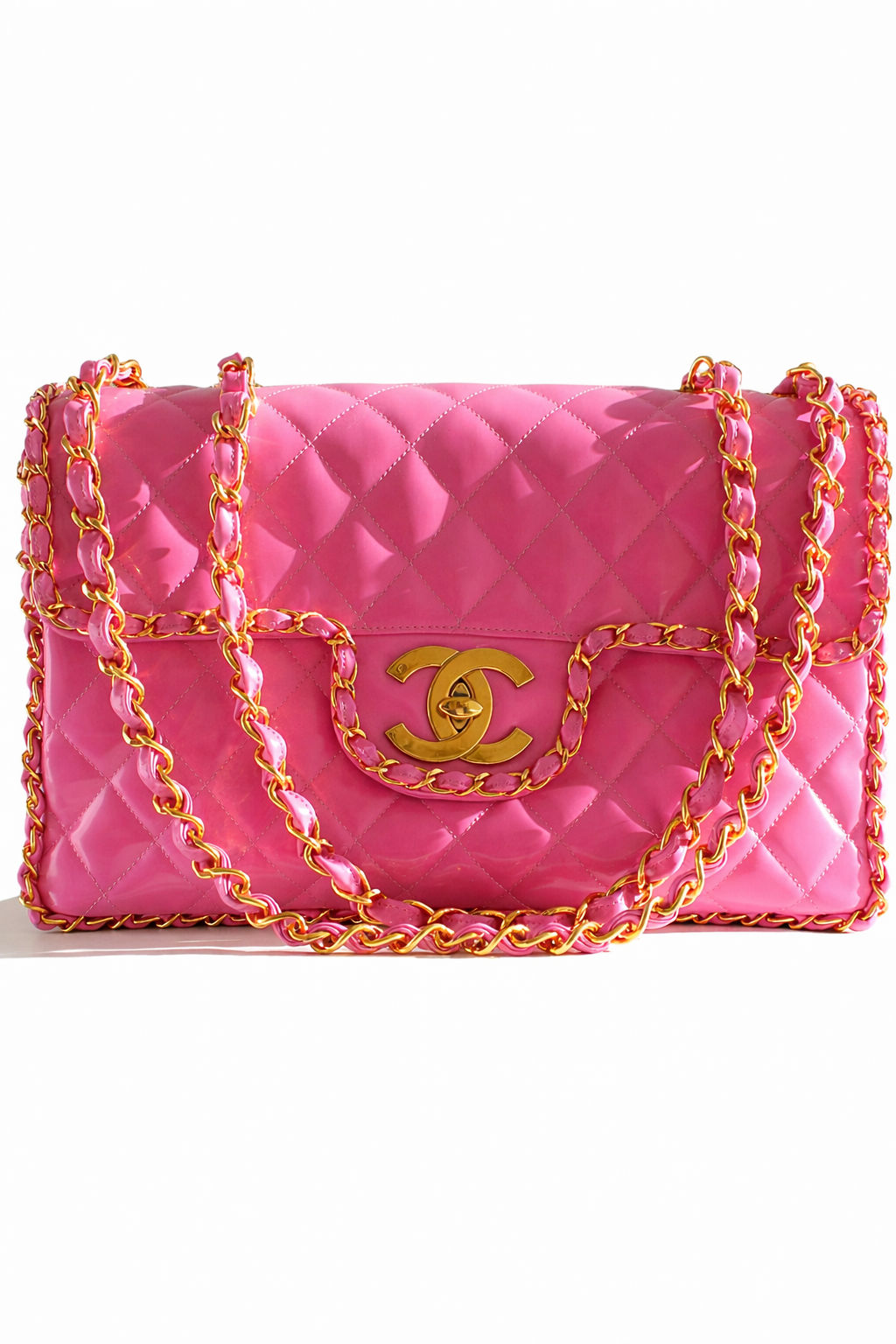 Chanel 1995 Barbie Pink 24K Gold Chain Around Patent Lambskin Jumbo XL 95P Bag