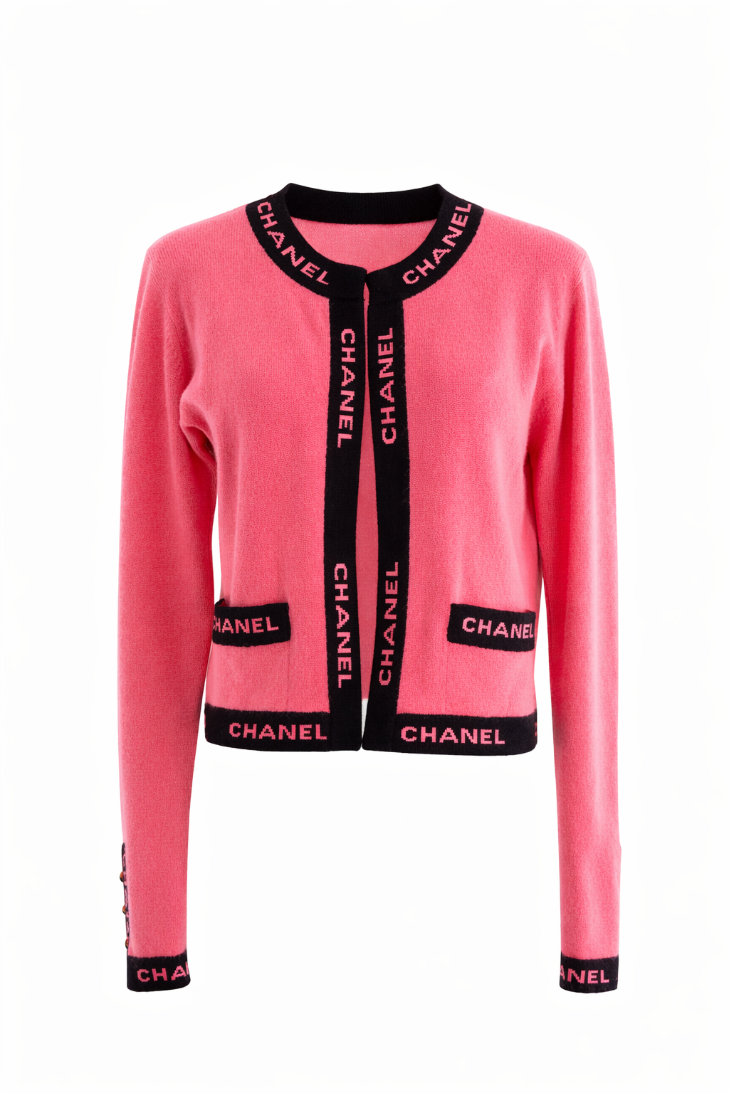 Chanel Cruise 1994/1995 Watermelon Pink Black CC Logo Cashmere Cardigan