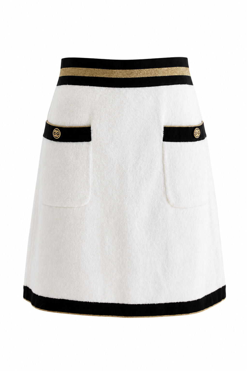 Chanel Cruise 2019 White Black Gold Terrycloth 19C Mini Skirt