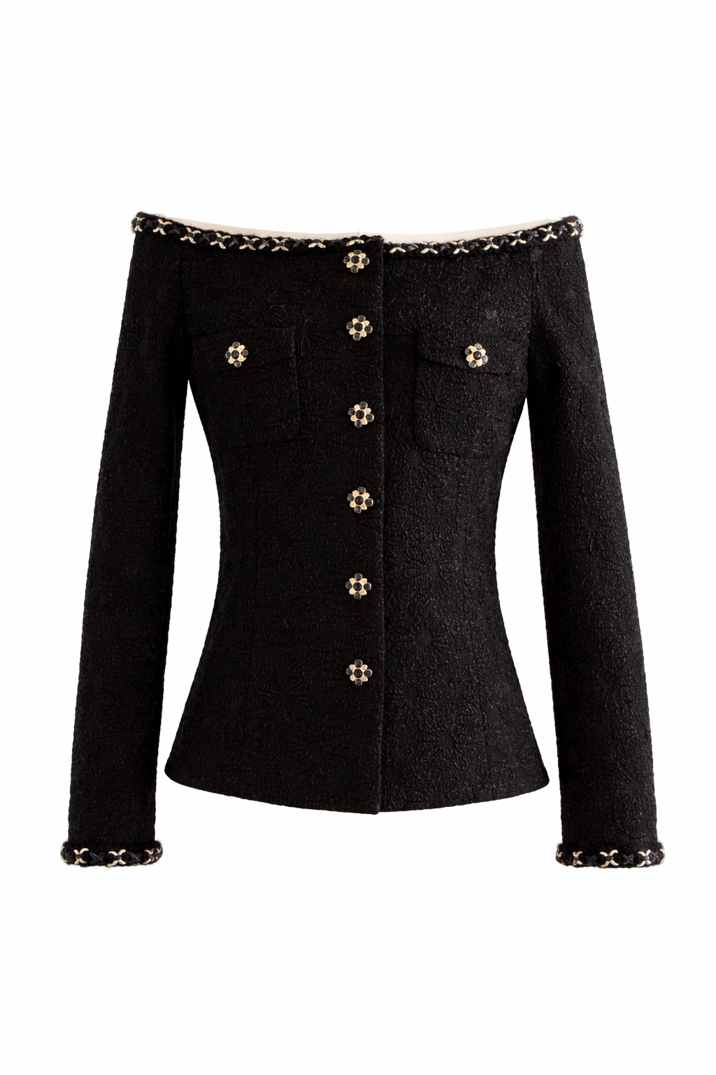 Chanel F/W 2021 Metiers D'Art Chateau Des Dames Black Off-Shoulder 21A Jacket