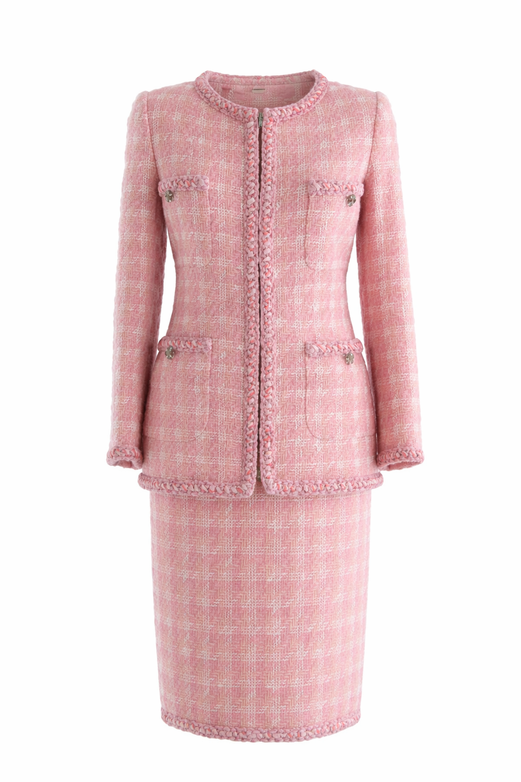 Chanel F/W 2014 Supermarket Pink Plaid 14A Fantasy Tweed Jacket Skirt Suit