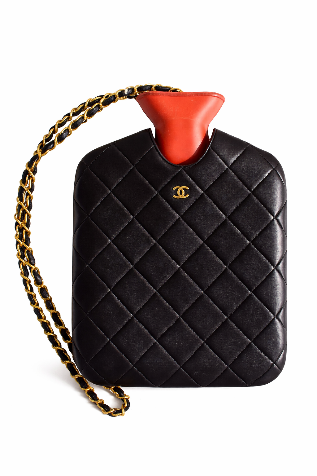 Chanel Fall/Winter 1993 Black Quilted Lambskin Red 24K Gold-Plated Hot Water Bottle