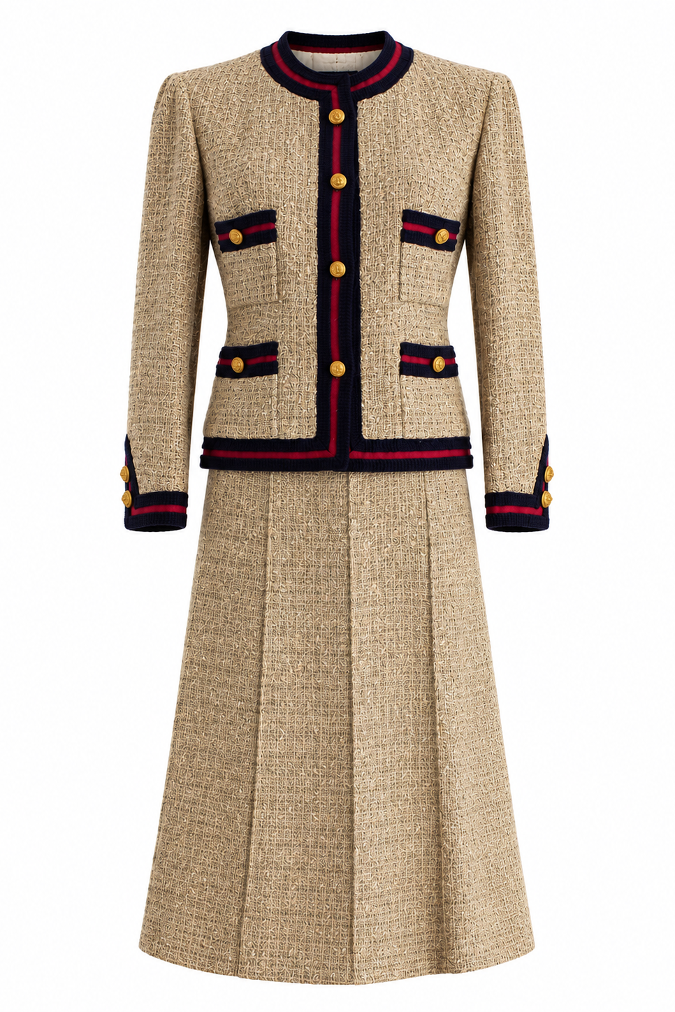 Chanel Haute Couture 1961 Coco Beige Red Blue Tweed Jacket Skirt Suit