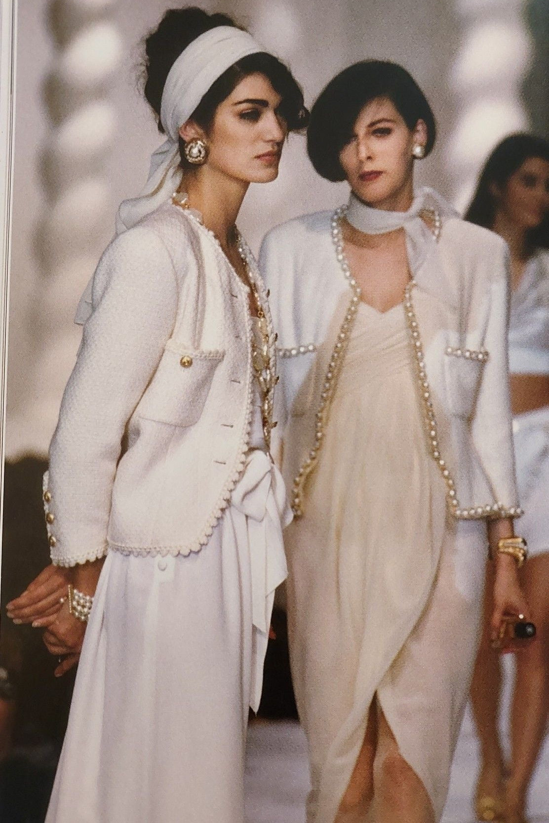 Chanel S/S 1990 Vintage Bridal Pearl Embellished Pleated Ivory Dress Gown