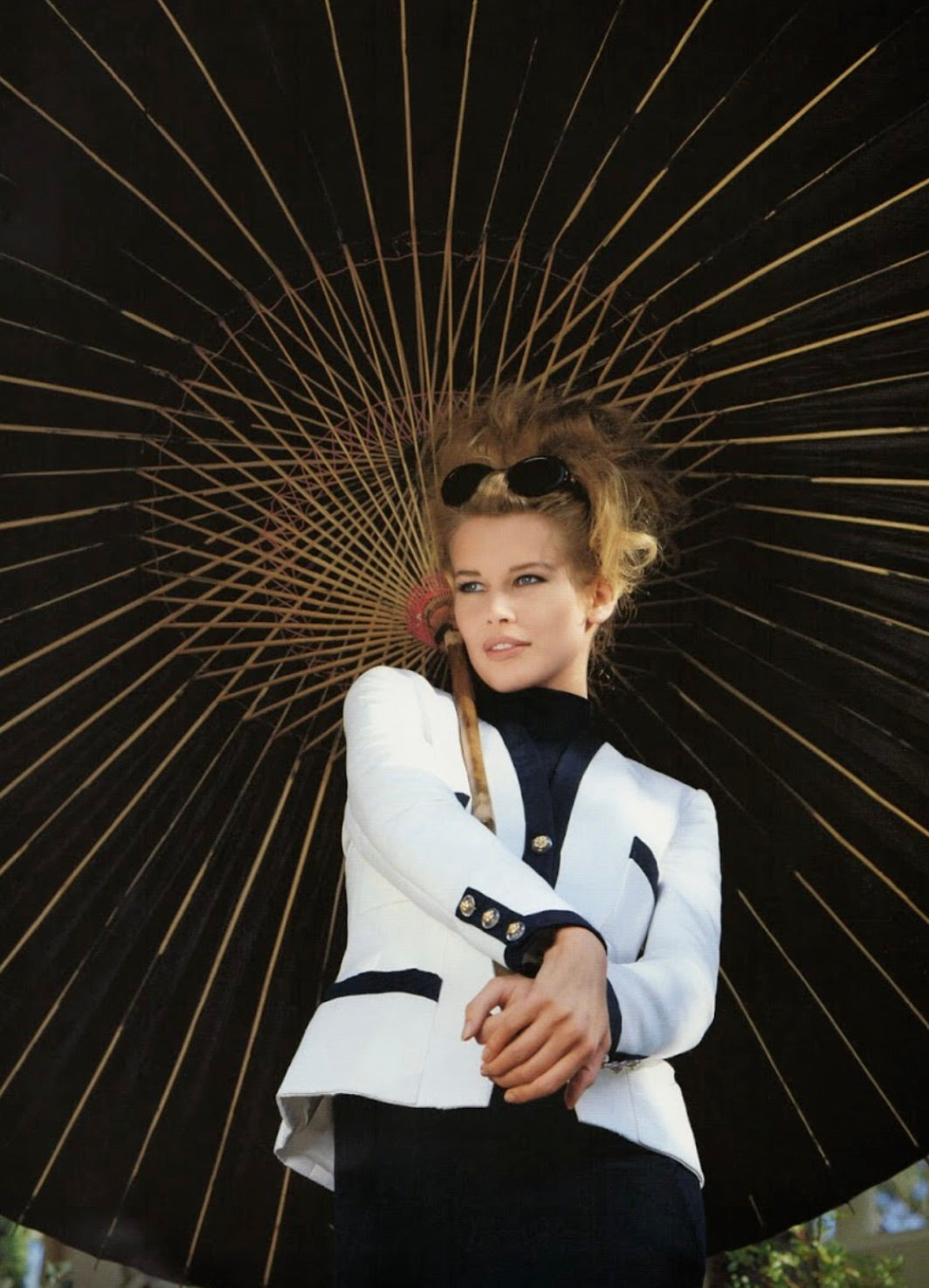 Chanel Vintage S/S 1992 Runway Cream Navy Lucite Gold Camellia Wool Jacket