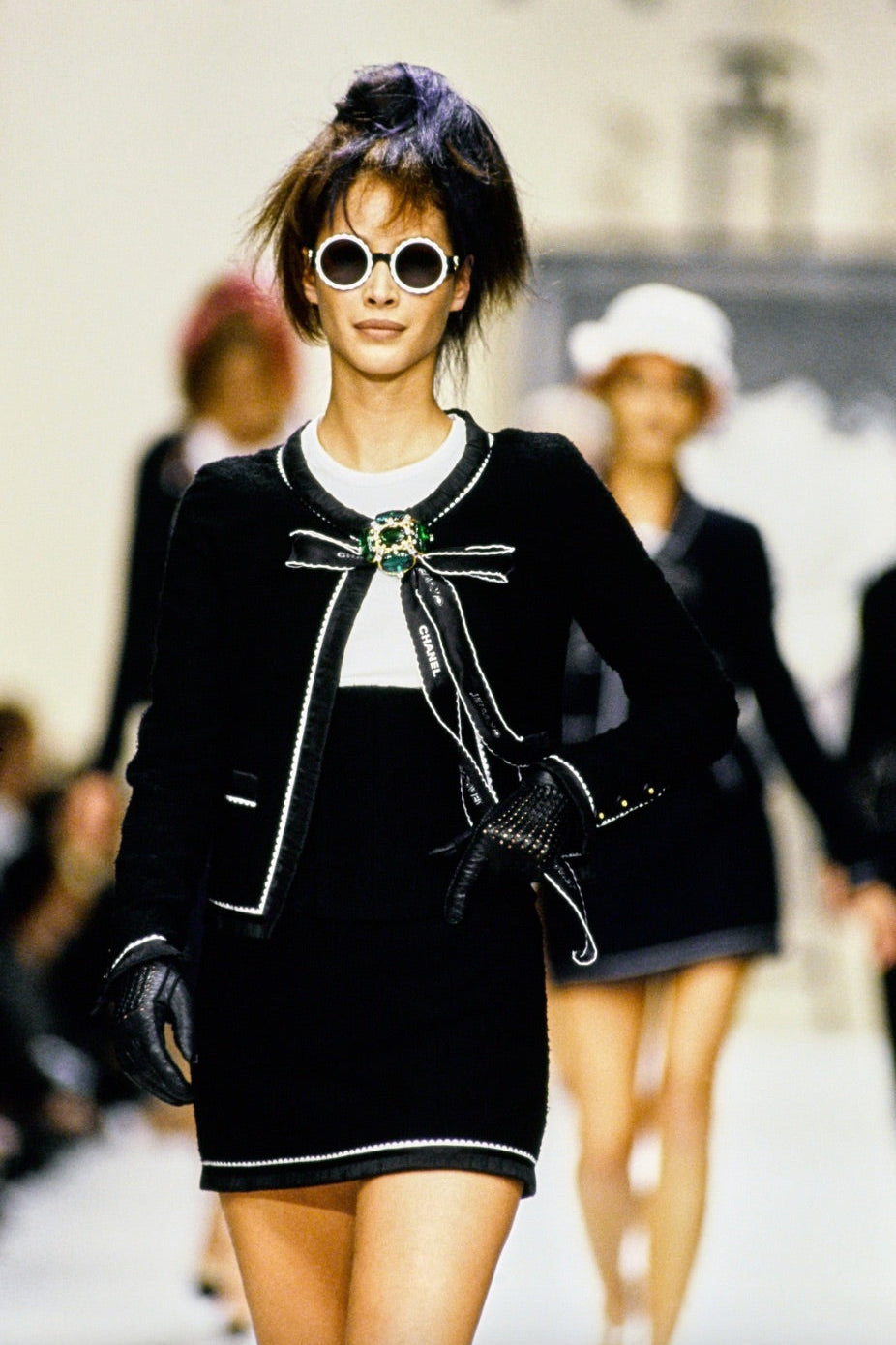 Chanel Vintage S/S1994 Black Navy Blue Logo Bow 94P Jacket Skirt Suit