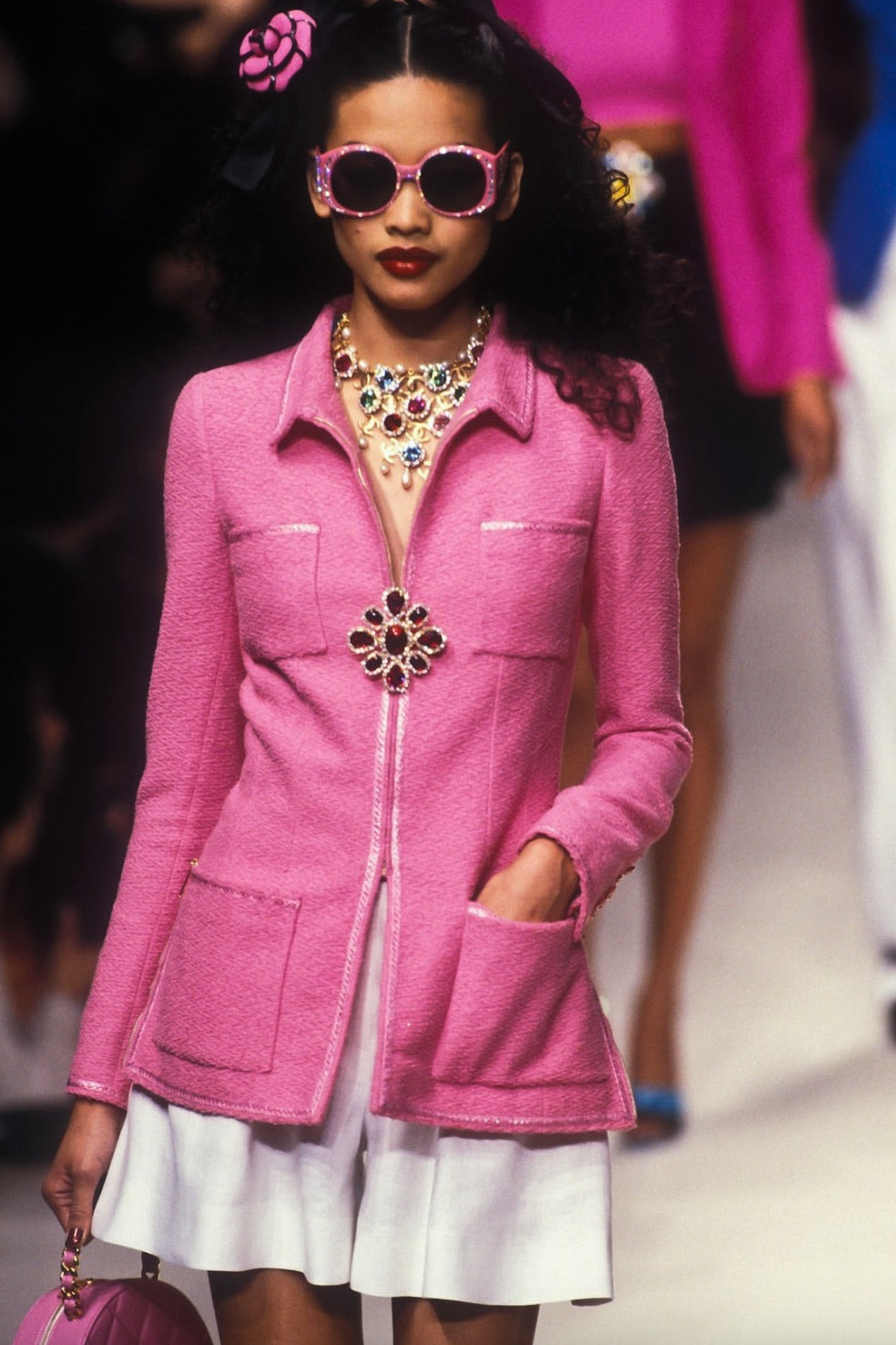 Chanel Vintage S/S 1995 “Barbie” Pink Tweed Gold Zip 95P Jacket & Skirt Set