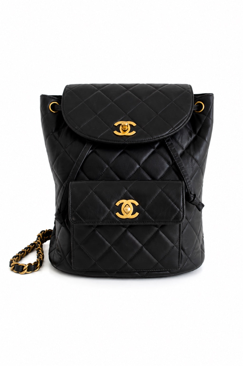 Chanel Vintage Duma Black Lambskin Leather Quilted 24K Gold Backpack