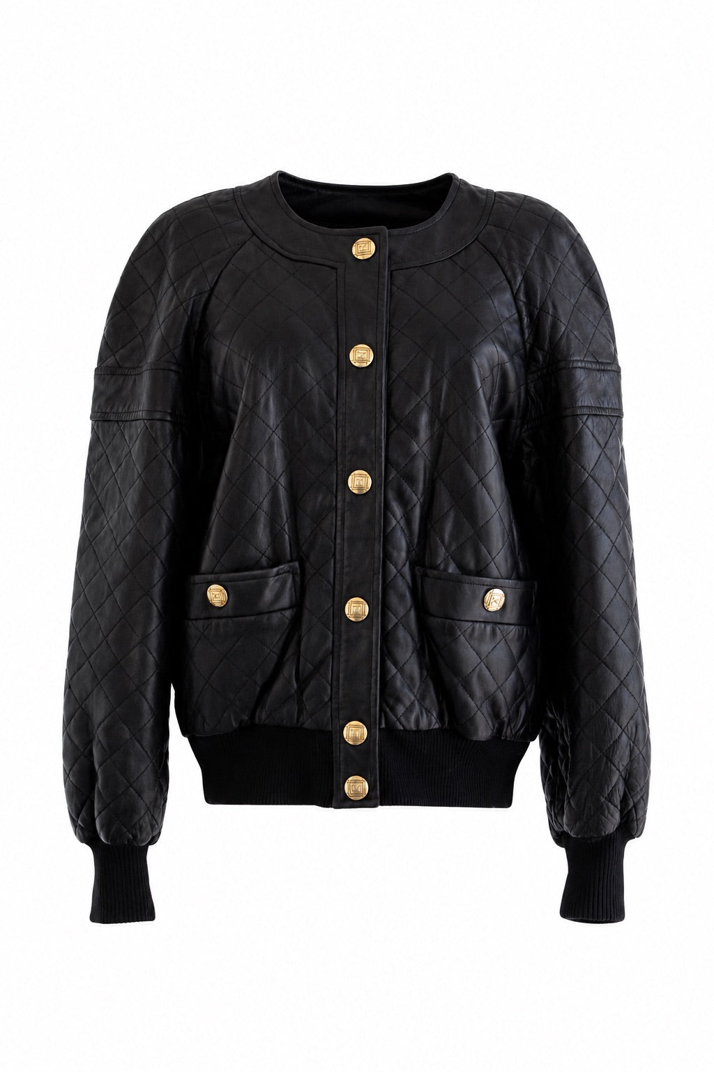 Chanel Vintage F/W 1991 Black Leather 24K Gold Quilted Bomber Jacket