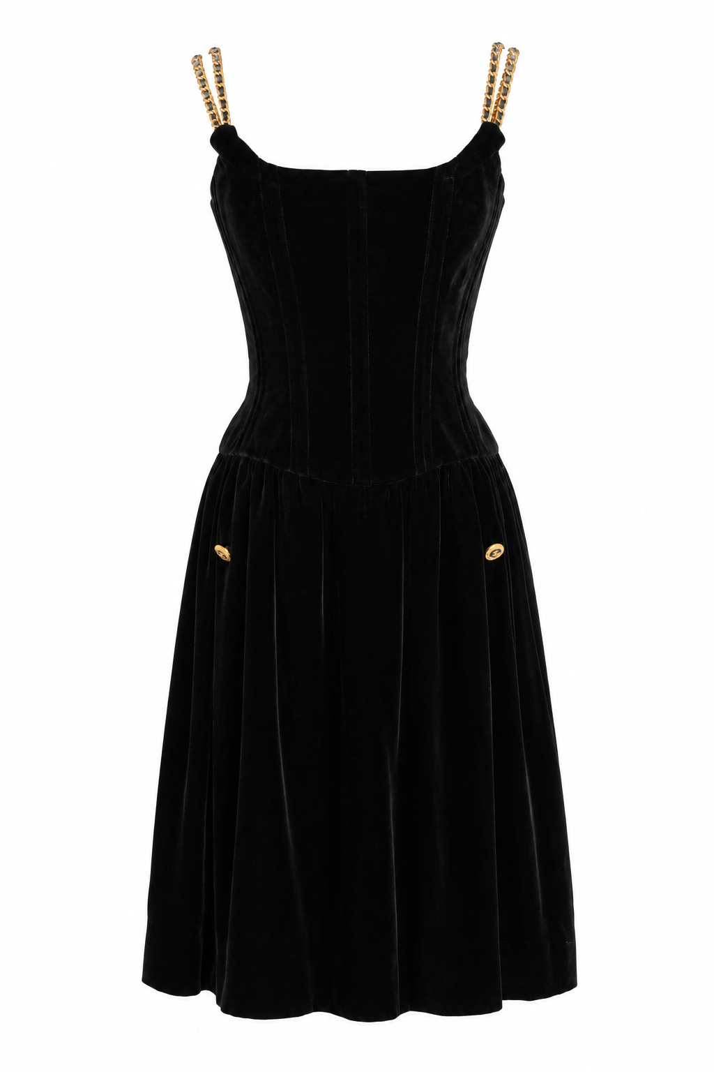 Chanel Vintage F/W 1993 Black Velvet Gold Chain Strap Corset 93A Dress