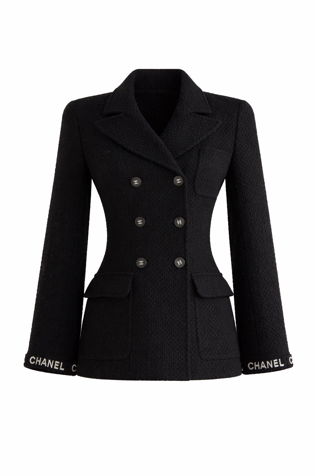 Chanel Vintage F/W 1995 Black White Logo Tweed 95A Jacket