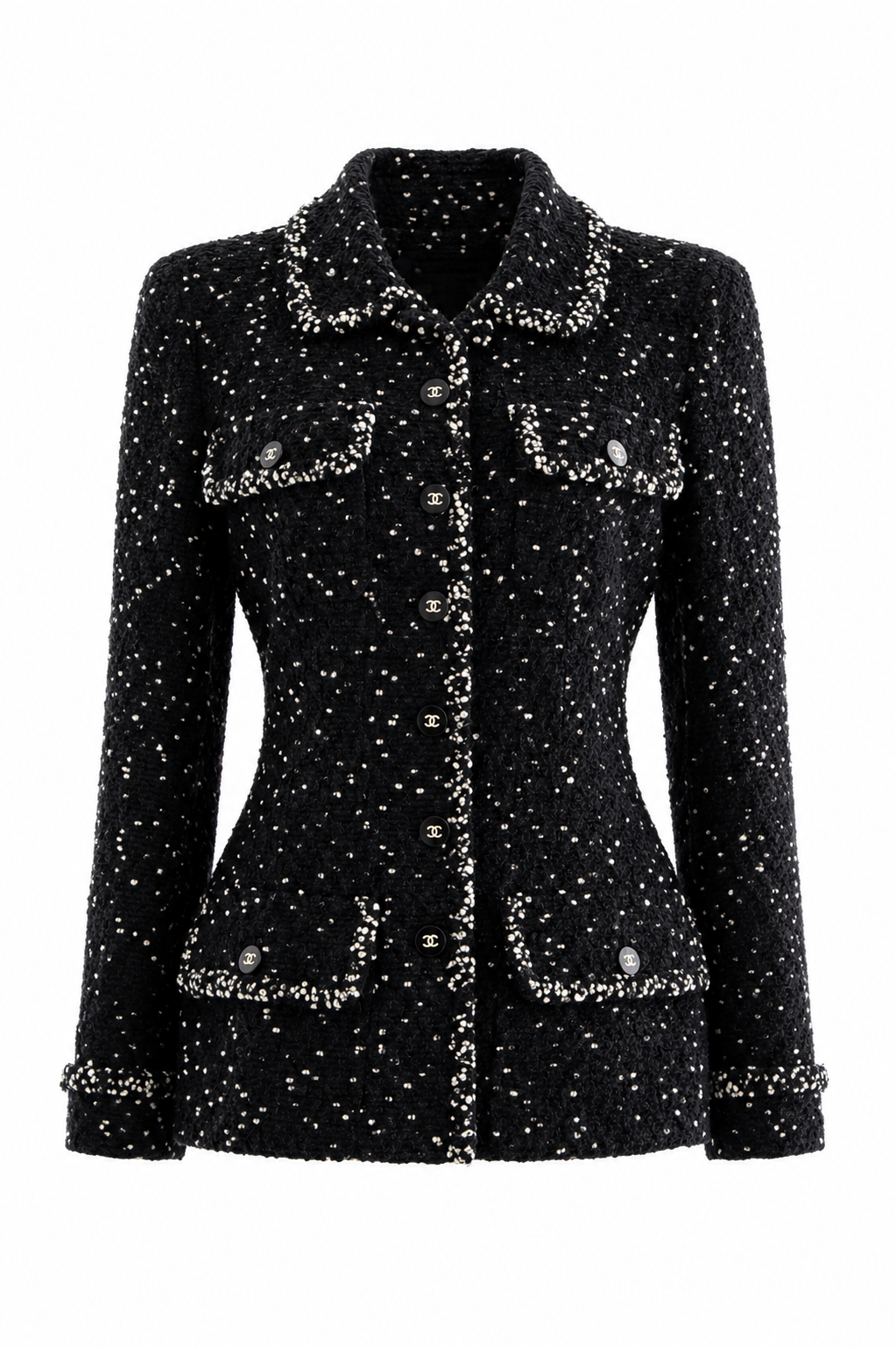 Chanel Vintage F/W 1995 Black White Popcorn Snowflake Tweed 95A Jacket
