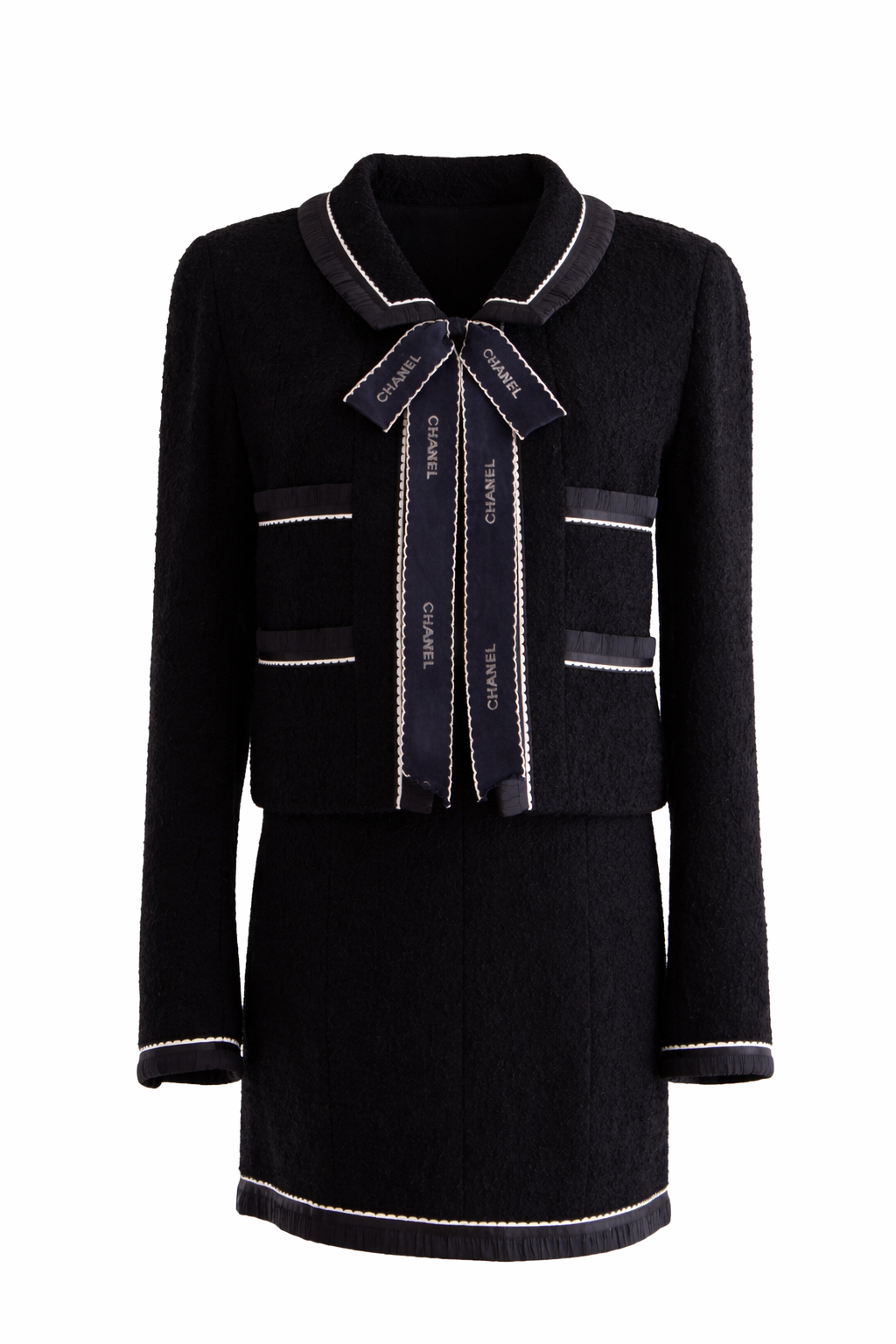 Chanel Vintage S/S1994 Black Navy Blue Logo Bow 94P Jacket Skirt Suit