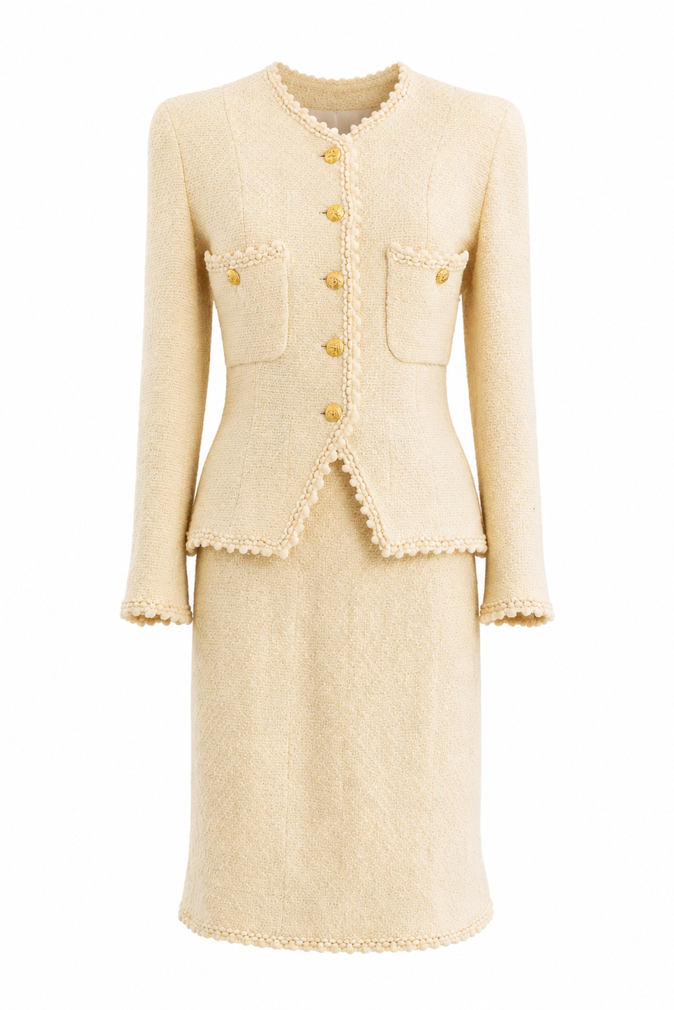 Chanel Vintage S/S 1990 Ecru Cream 24K Gold CC Scalloped Tweed Jacket Skirt Suit