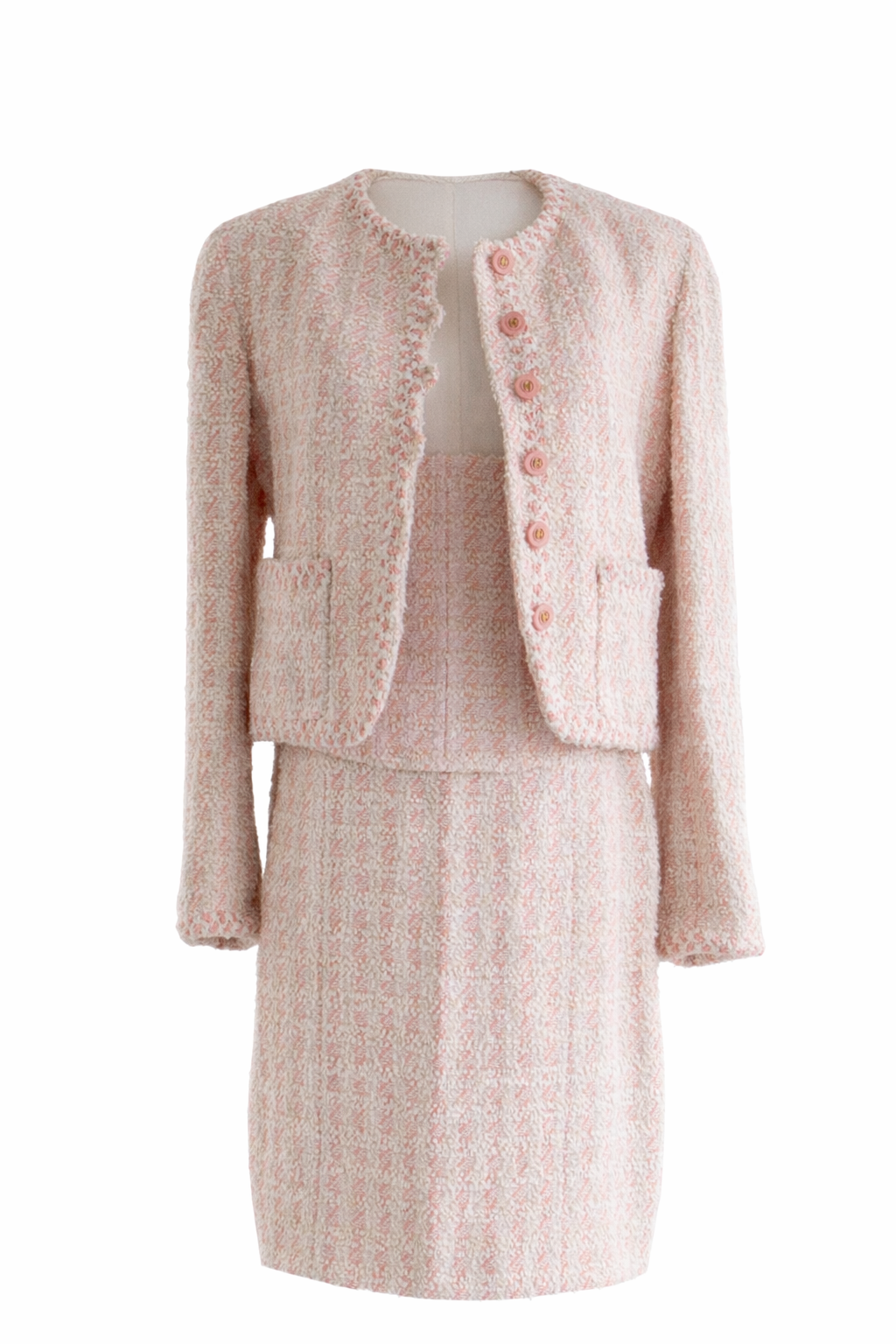 Chanel Vintage S/S 1994 Pink Tweed 3pcs Jacket Corset Skirt 94P Suit
