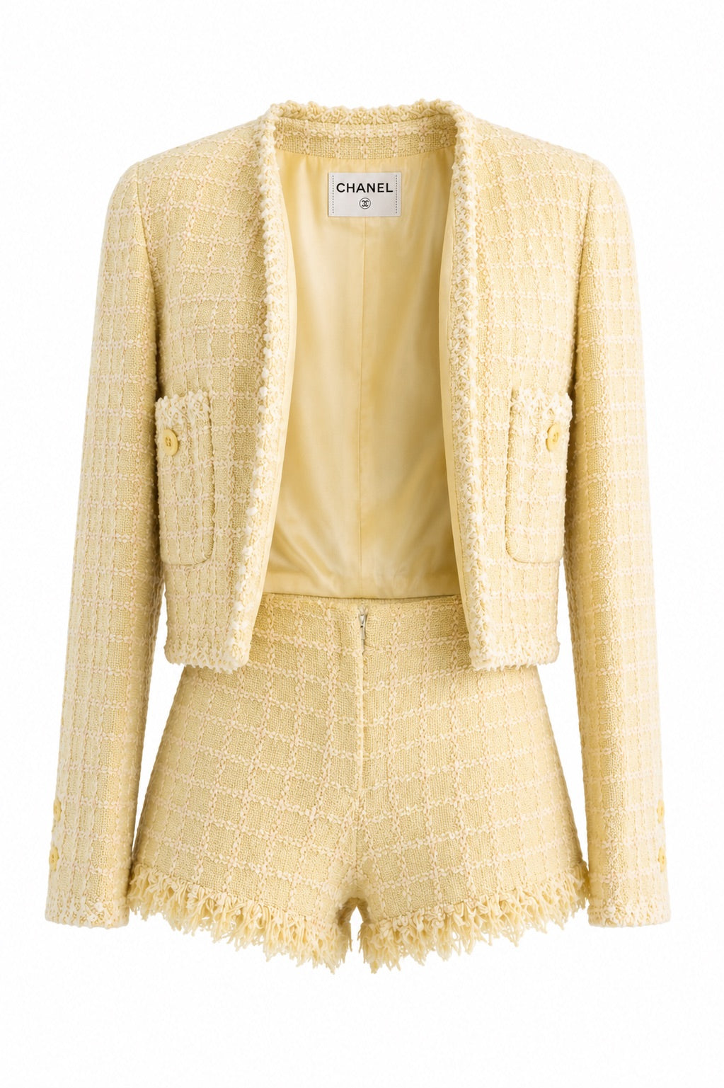 Chanel Vintage S/S 1994 Yellow Green Fantasy Tweed 94P Jacket Shorts Suit