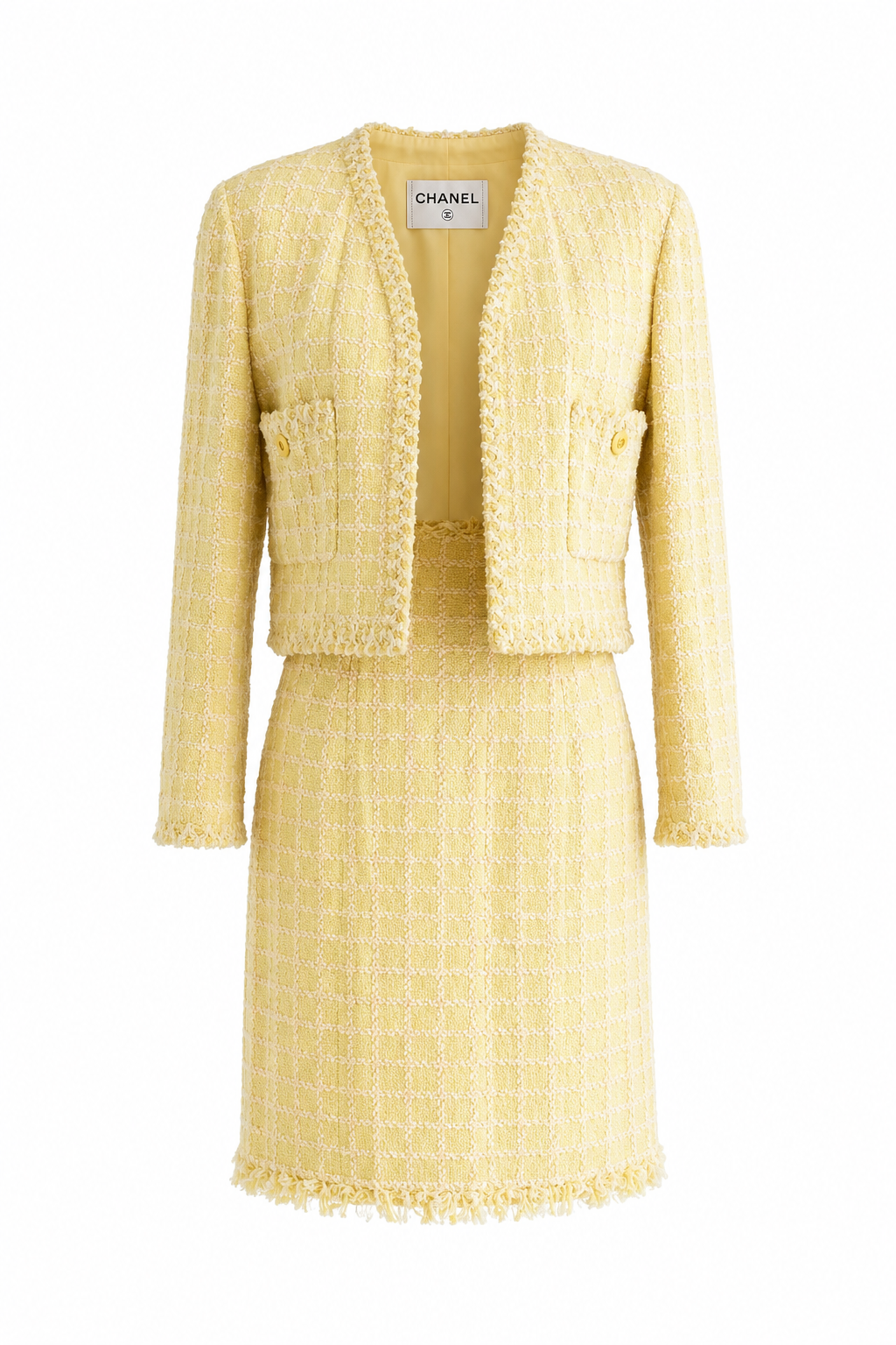 Chanel Vintage S/S 1994 Yellow Green Fantasy Tweed 94P Jacket Skirt Suit