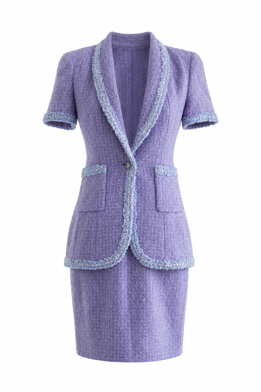 Chanel Vintage S/S 1995 Barbie CC Periwinkle Lavender Tweed 95P Jacket Skirt Suit