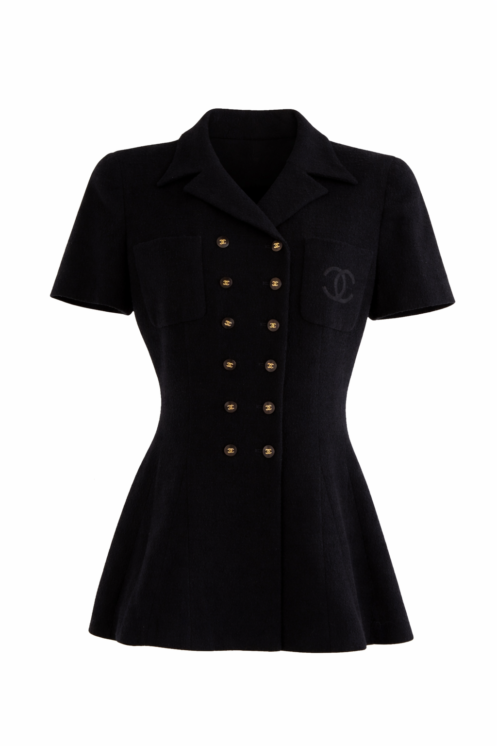 Chanel Vintage Spring/Summer 1995 Black Gold CC 95P Logo Peplum Tweed Jacket