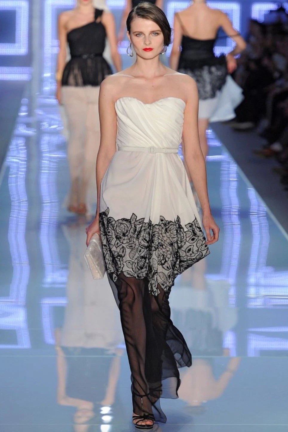 Christian Dior S/S 2012 White Black Rose Embroidered Ruched Evening Dress Gown