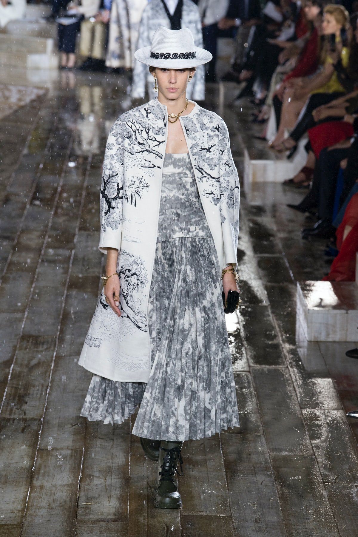 Christian Dior S/S 2019 Grey Toile De Jouy Print Corset Pleated Dress