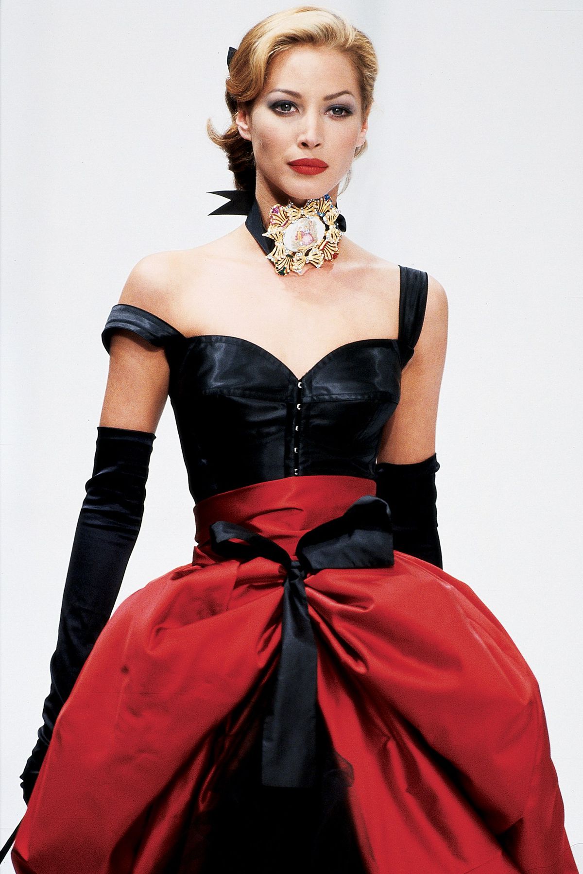 Dolce&Gabbana F/W 1992 Red Black Bustier Top Satin Tulle Skirt Ensemble