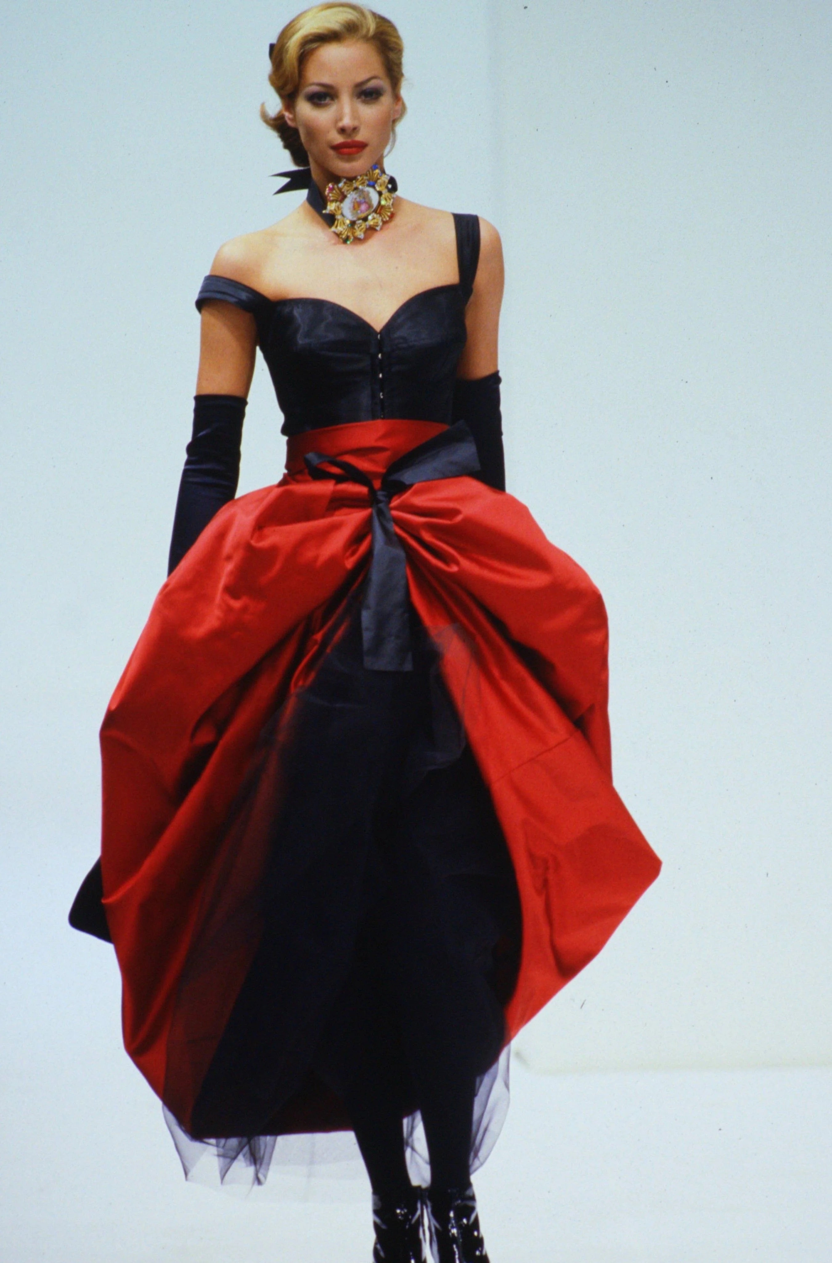 Dolce&Gabbana F/W 1992 Red Black Bustier Top Satin Tulle Skirt Ensemble