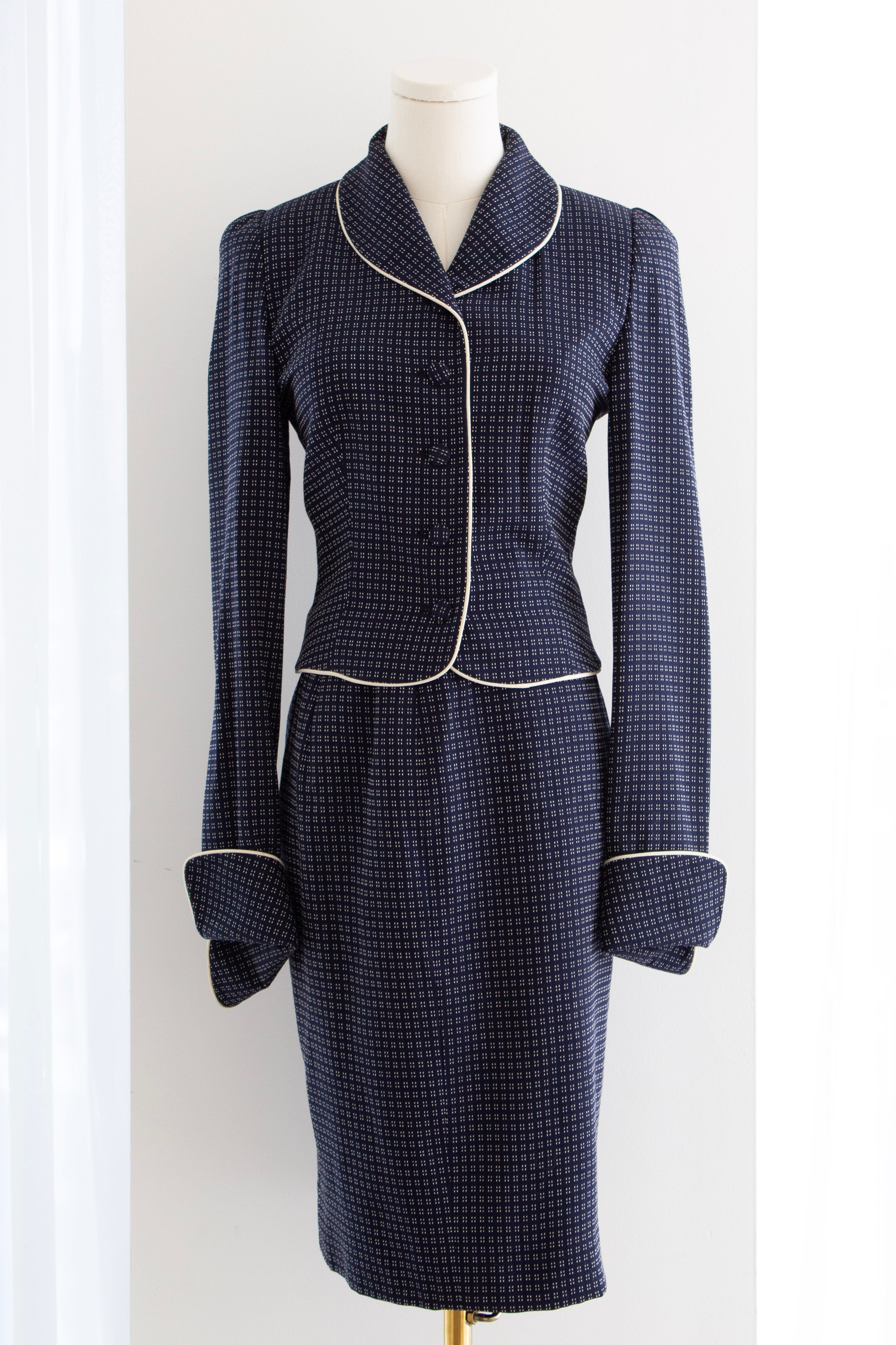 Givenchy Couture by John Galliano S/S 1997 Navy White Dotted Jacket & Skirt Suit