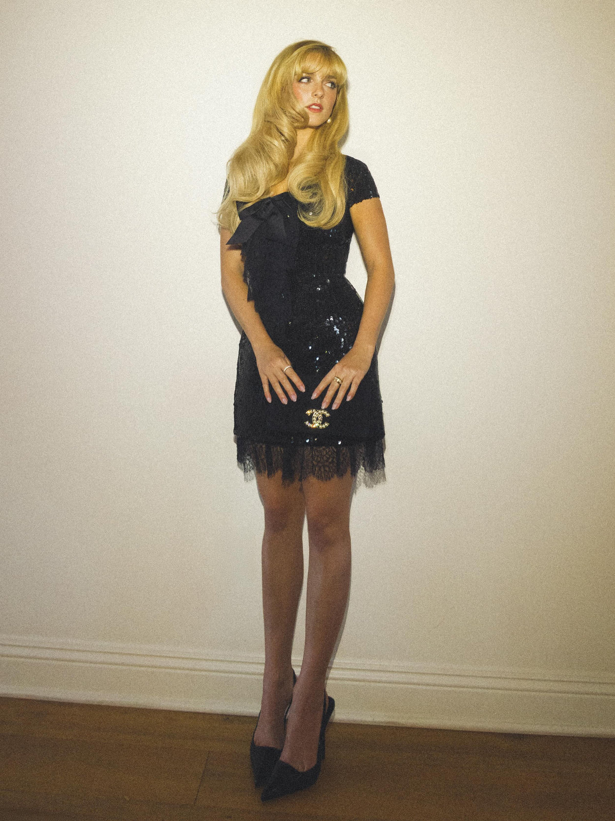 Chanel F/W 1994 Black Sequin Lace Bow Camellia 94A Mini Dress