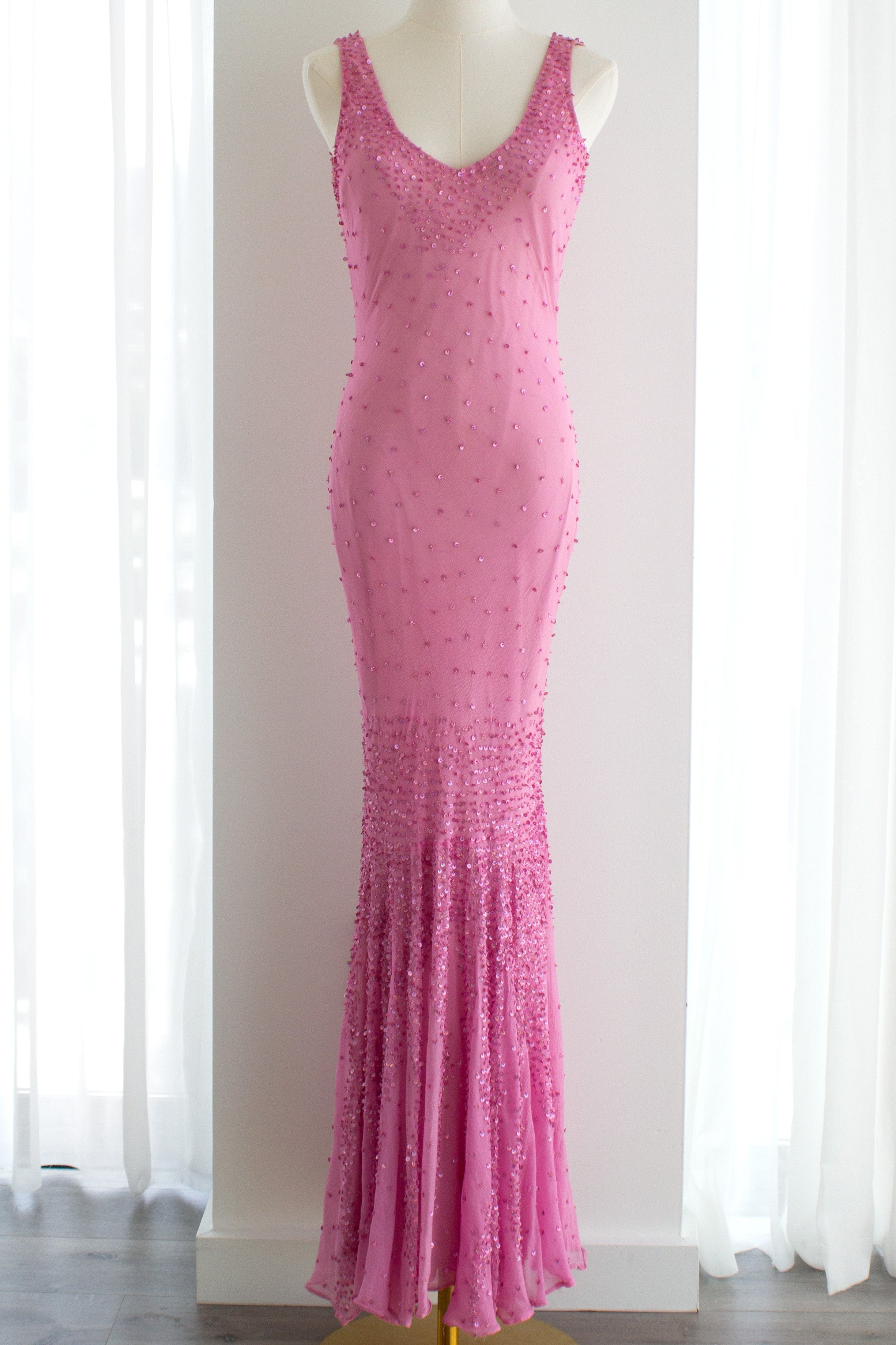 Italian Vintage Candy Pink Sequin Embellished Silk Mermaid Dress Gown