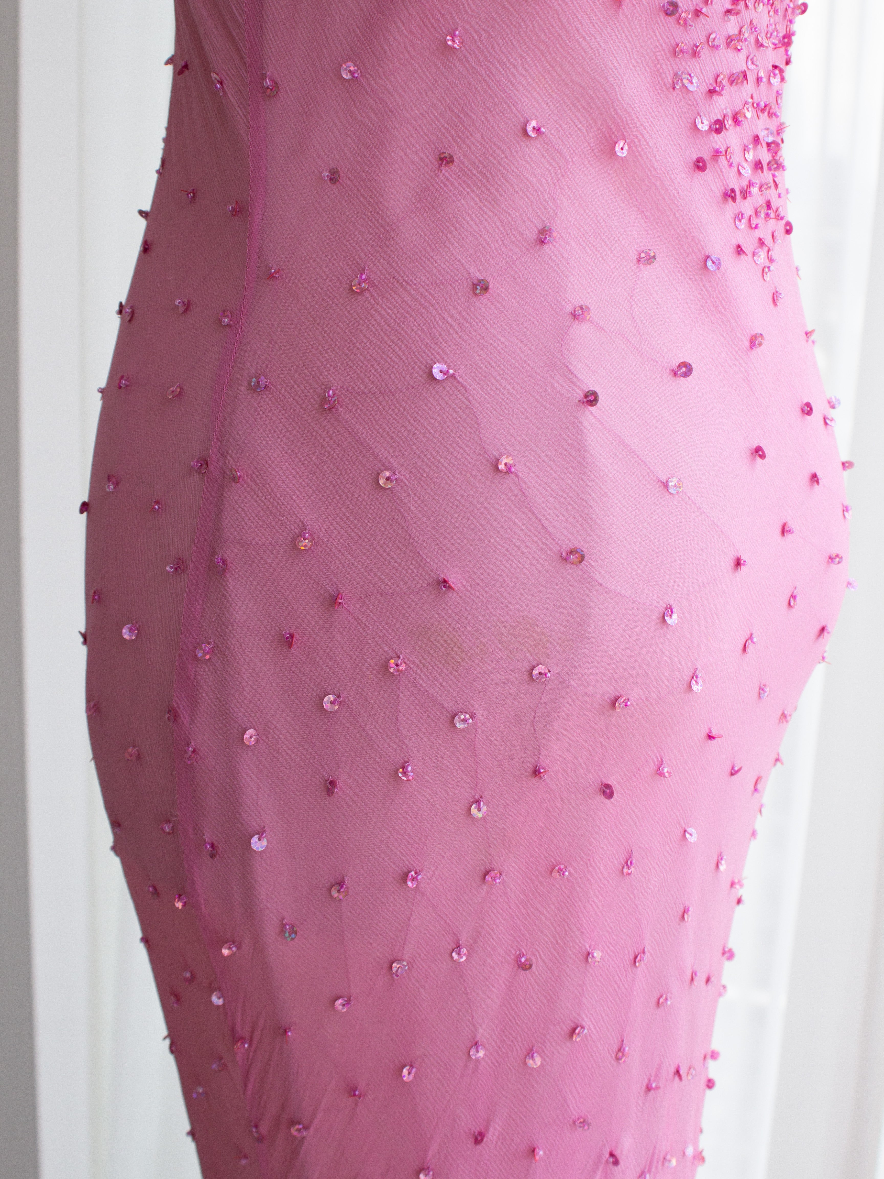 Italian Vintage Candy Pink Sequin Embellished Silk Mermaid Dress Gown