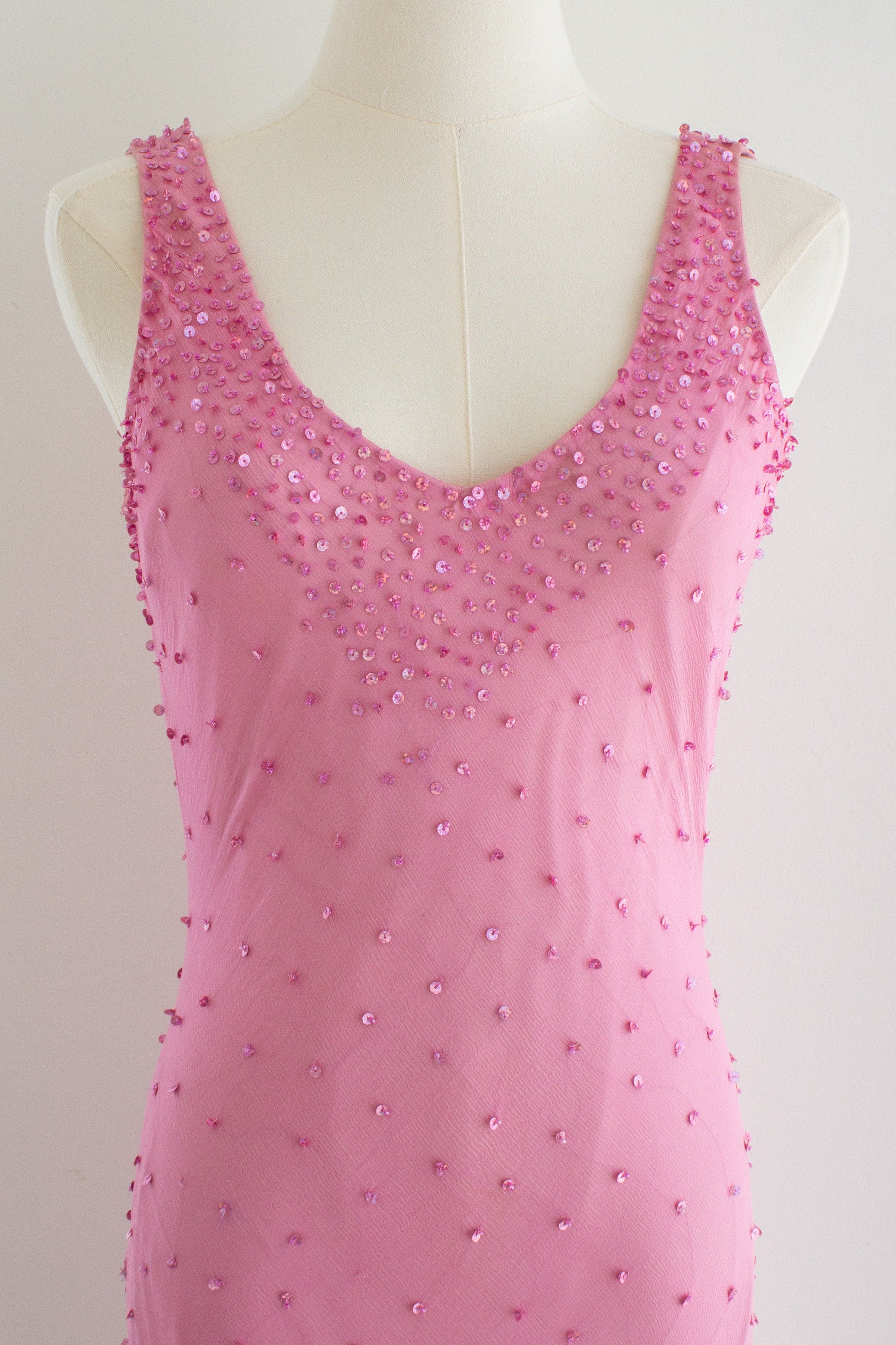 Italian Vintage Candy Pink Sequin Embellished Silk Mermaid Dress Gown