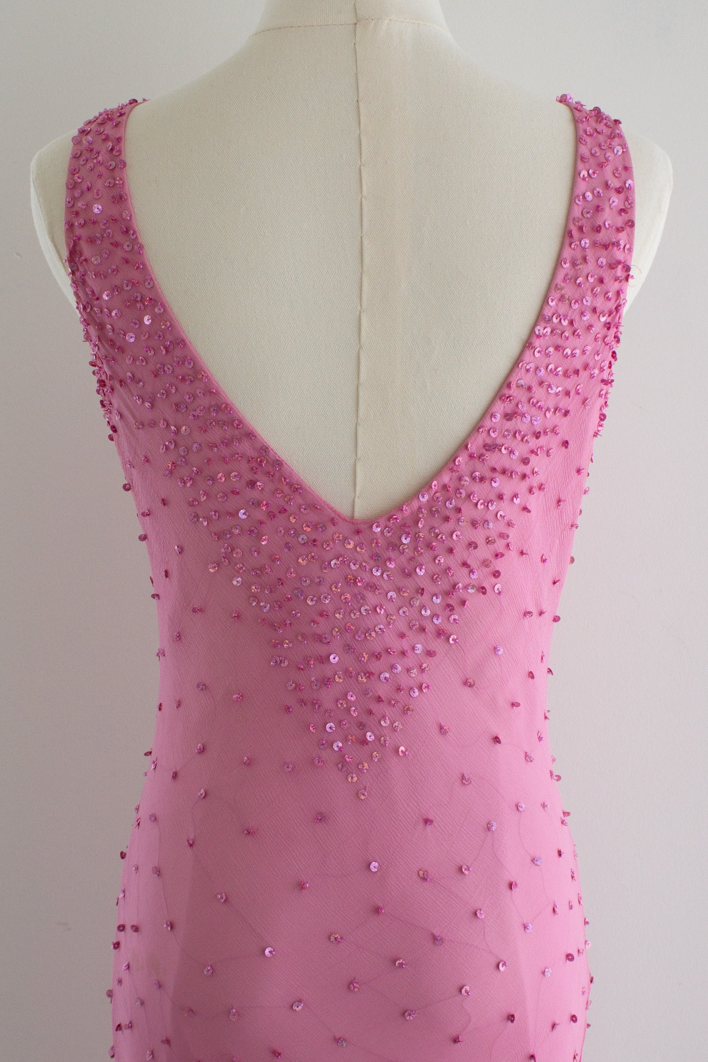 Italian Vintage Candy Pink Sequin Embellished Silk Mermaid Dress Gown